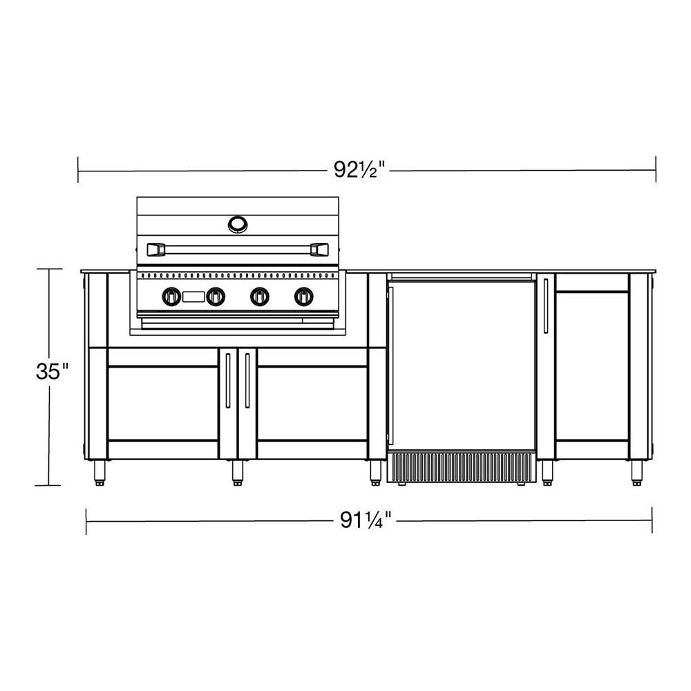 WeatherStrong Bimini 7 1/2 Ft Outdoor Kitchen Island w/ DCS Natural Gas Grill & Refrigerator in Dark Ash/Midnight Ice - Line Drawing - Dimensional thumbnail