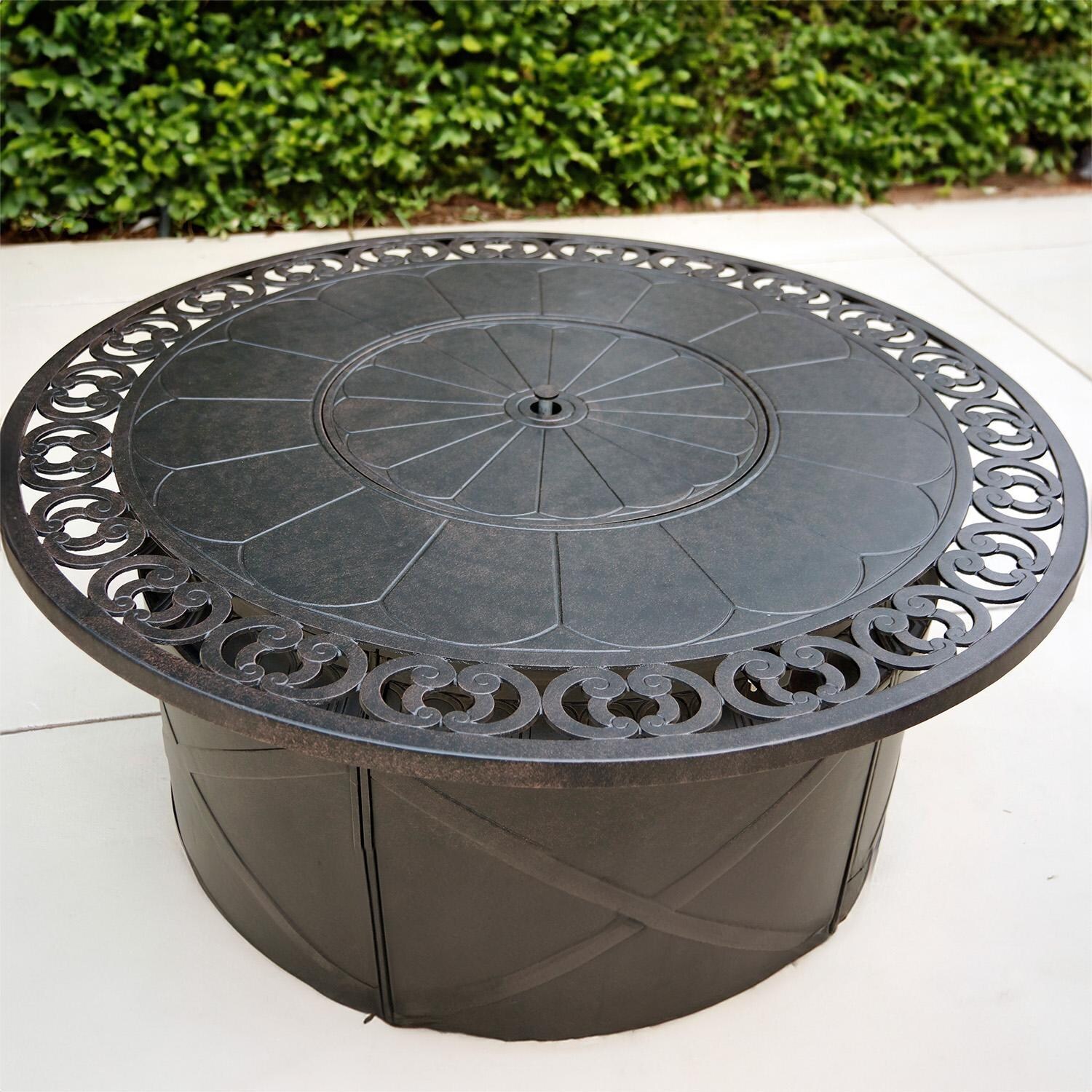 Darlee Nassau 4-Piece Patio Propane Fire Pit Sofa Conversation Set (with 2 Swivel Rocker Club Chairs) with Cushions and 47 Inch Round Fire Pit Chat Table and Fireglass - Table - Lifestyle thumbnail