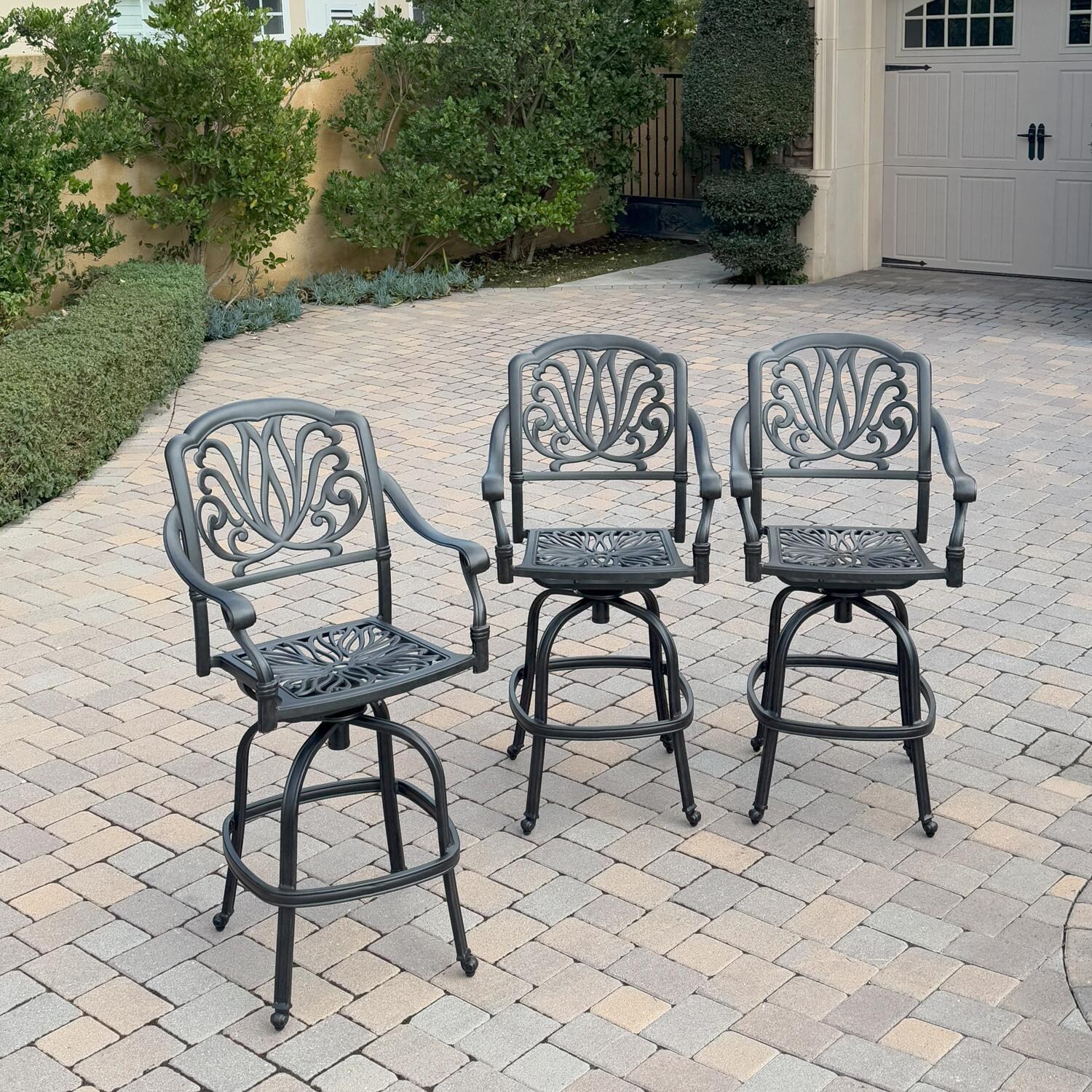 Darlee Elisabeth 3-Pc Cast Aluminum Bar Height Bar Stool Set in Antique Bronze/Beige - Full Set - On Patio w/ no Cushion - Lifestyle thumbnail