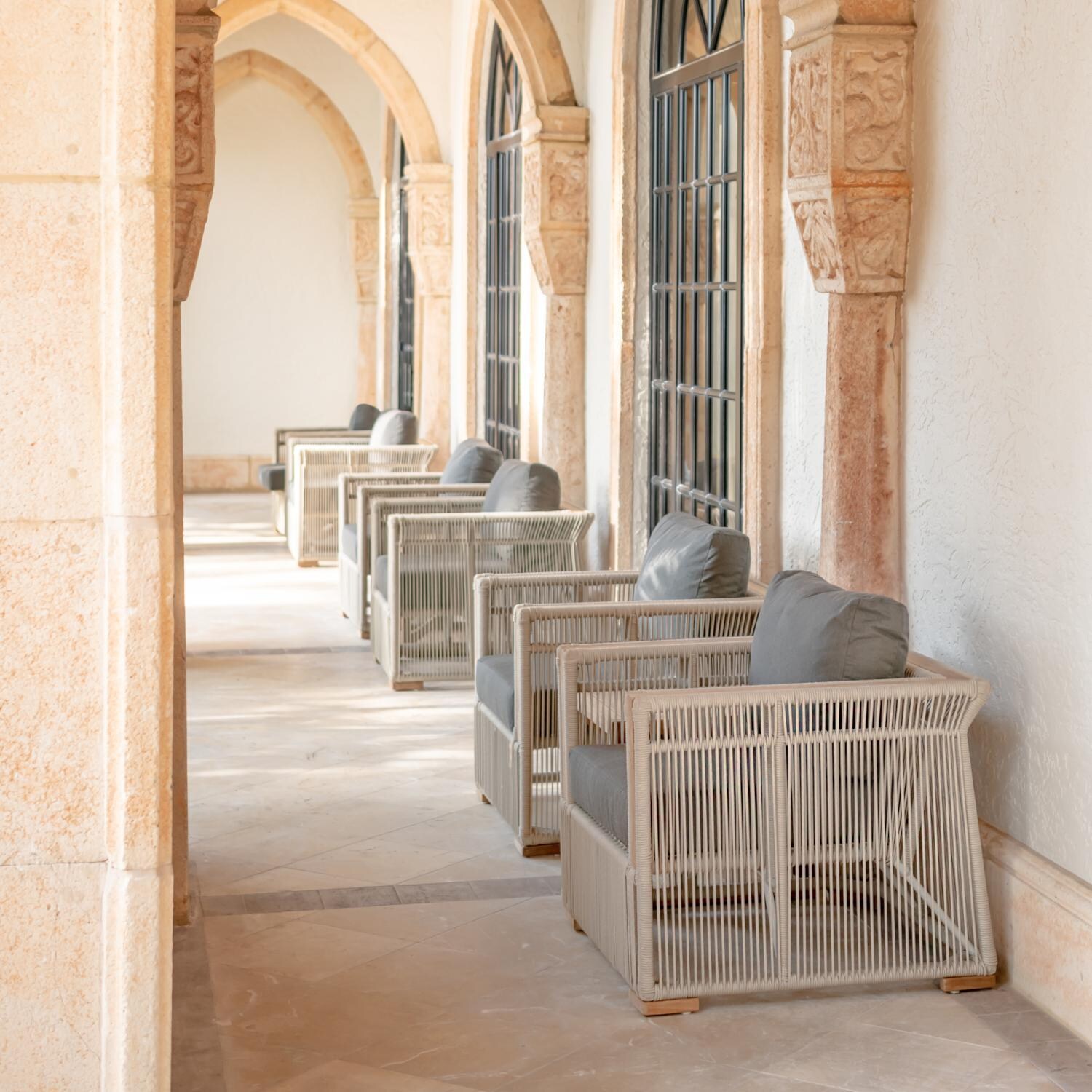 Teak + Table Breeze Olefin Rope & Teak Patio Club Chair in Dune/Granite - In Breezeway (Table not included) - Lifestyle thumbnail