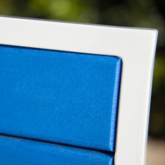 POLYWOOD Euro Aluminum Patio Dining Arm Chair - Satin White Frame and Pacific Blue Slats - Detail thumbnail