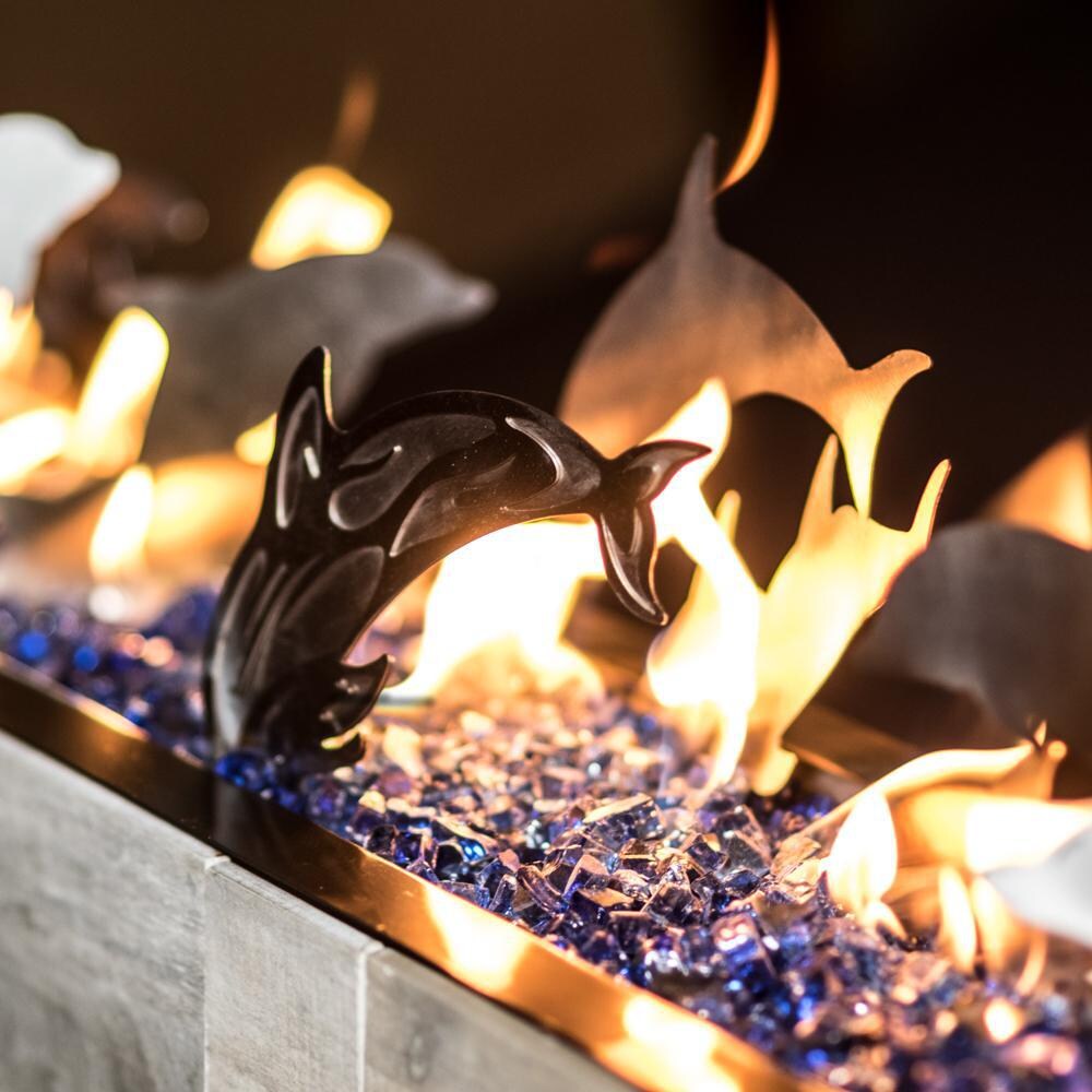 Alpine Flame 72-Inch Linear Drop-In Fire Pit Pan - Dolphin Seascape - Burning Detail Angle *Blue Jay Fire Glass pictured thumbnail