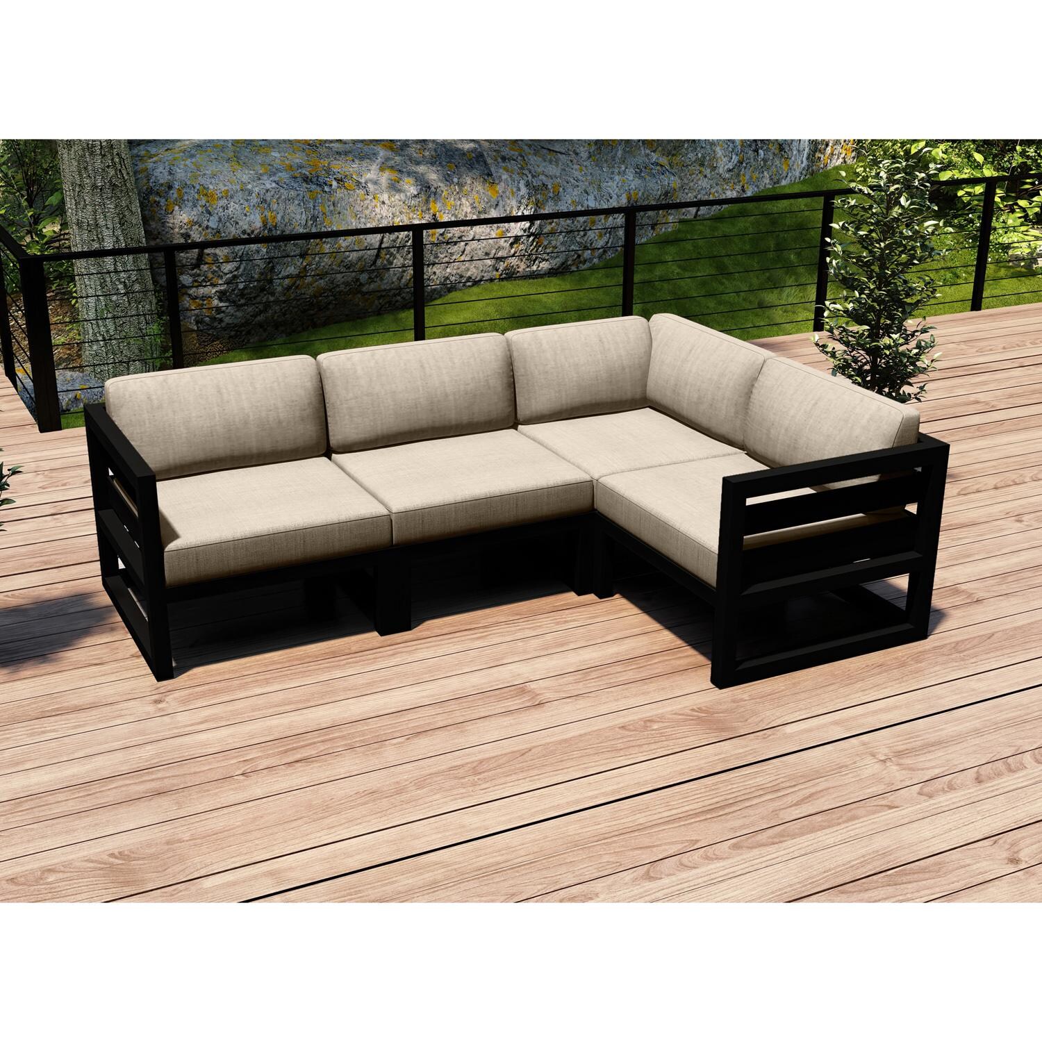 Lakeview MSTYCV-BK-4SEC-CF Misty Cove 4 Pc Aluminum Sectional Set in Black w/Canvas Flax Cushions by Lakeview Outdoor Designs - Set on Deck - Lifestyle thumbnail