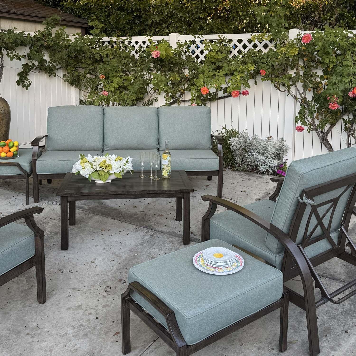 Atlantis 6 Pc Aluminum Seating Set w/ Rectangular Coffee Table in Walnut/Spa by Darlee - Angled - Lifestyle thumbnail