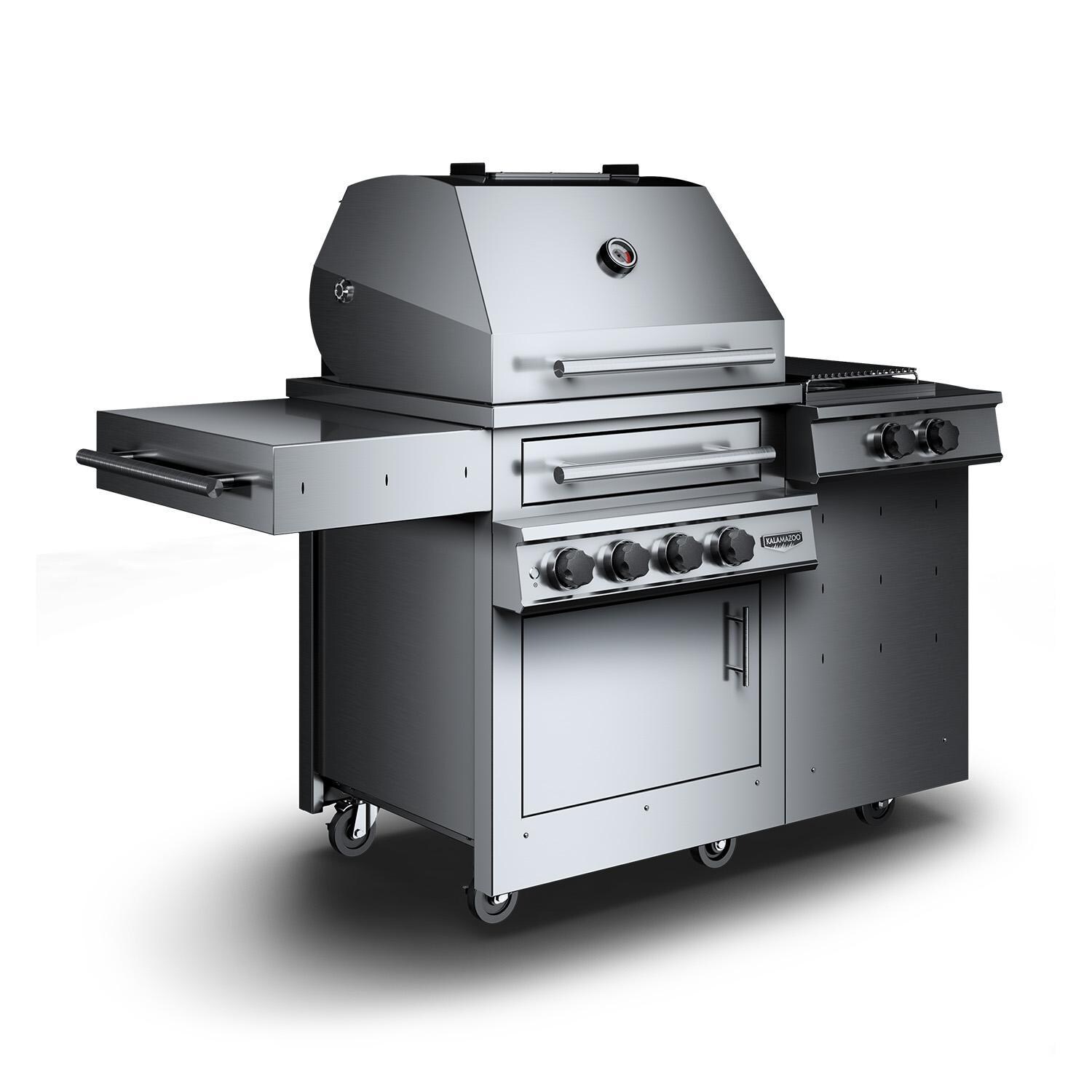 Kalamazoo K500HS Freestanding Hybrid Fire Grill w/ Side Burner - 30 lb Propane Cylinder - Angled Right - White Background thumbnail