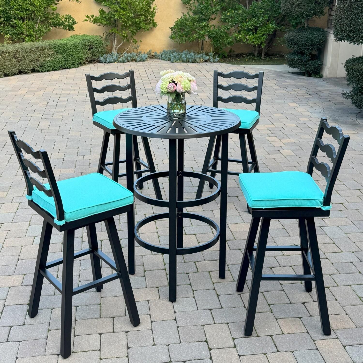 Aspen 4 Pc Aluminum Swivel Bar Height Bar Stool Set in Blue/Dark Brown by Darlee - Shown w/ Side Table (Not Included) - Lifestyle thumbnail