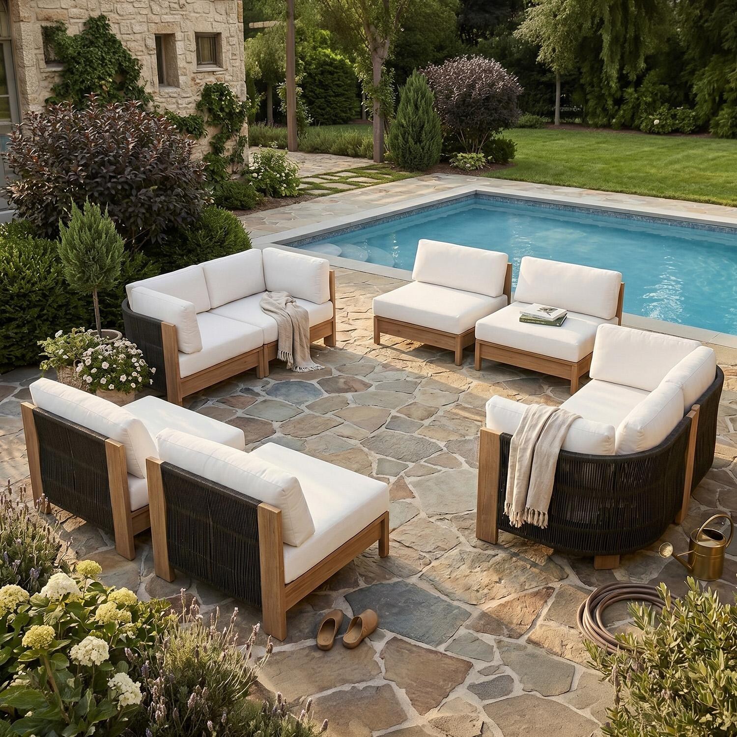 Heritage 6 Pc Aluminum Seating Set in Beechwood by Lakeview Outdoor Designs - On Patio - Lifestyle thumbnail