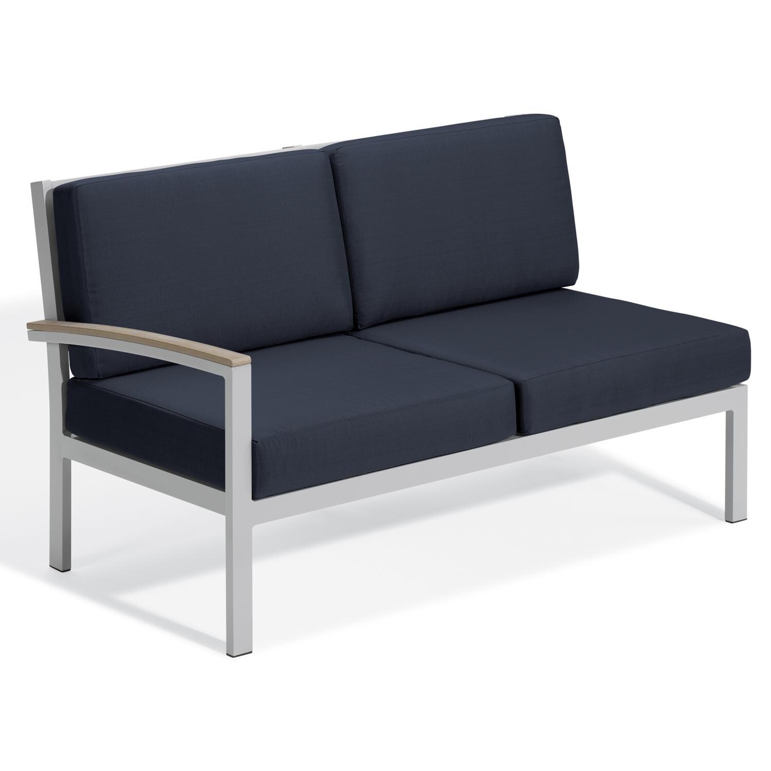 Travira Aluminum Sectional Left Arm Loveseat w/ Vintage Tekwood Arm Caps in Flint/Midnight Blue by Oxford Garden