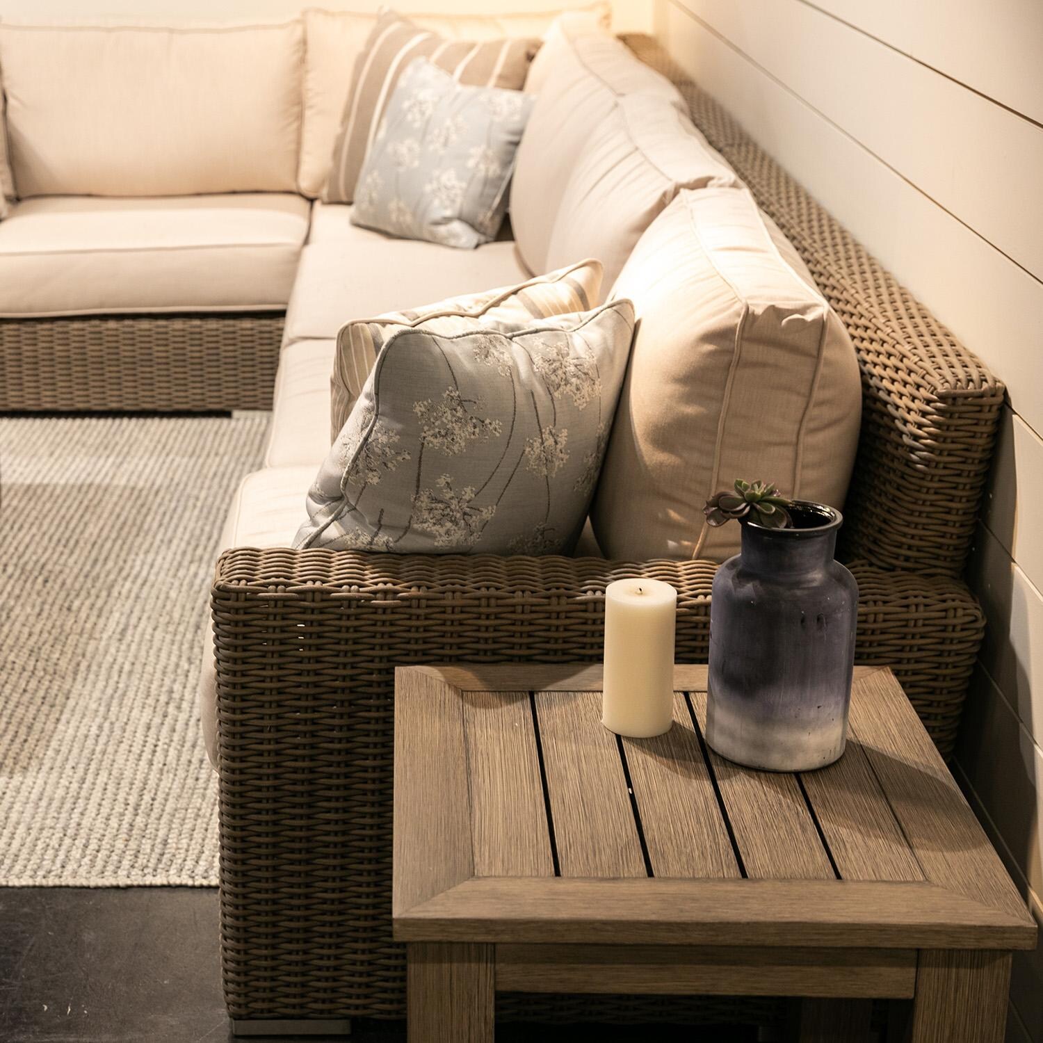 Coronado 5 Person Wicker Sofa in Driftwood/Canvas Henna by Sunset West - Shown in Different Fabric - Detail thumbnail