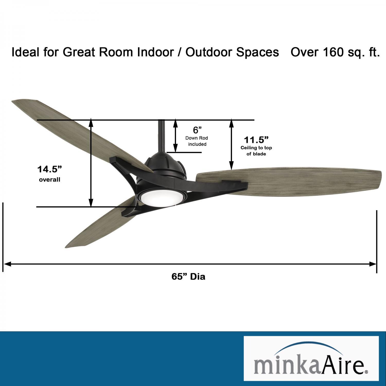 Minka-Aire F742L-CL/SG Molino 65-Inch 3-Blade LED Smart Ceiling Fan in Coal Finish w/ Seashore Grey Blades & Etched White Glass - Dimensions thumbnail