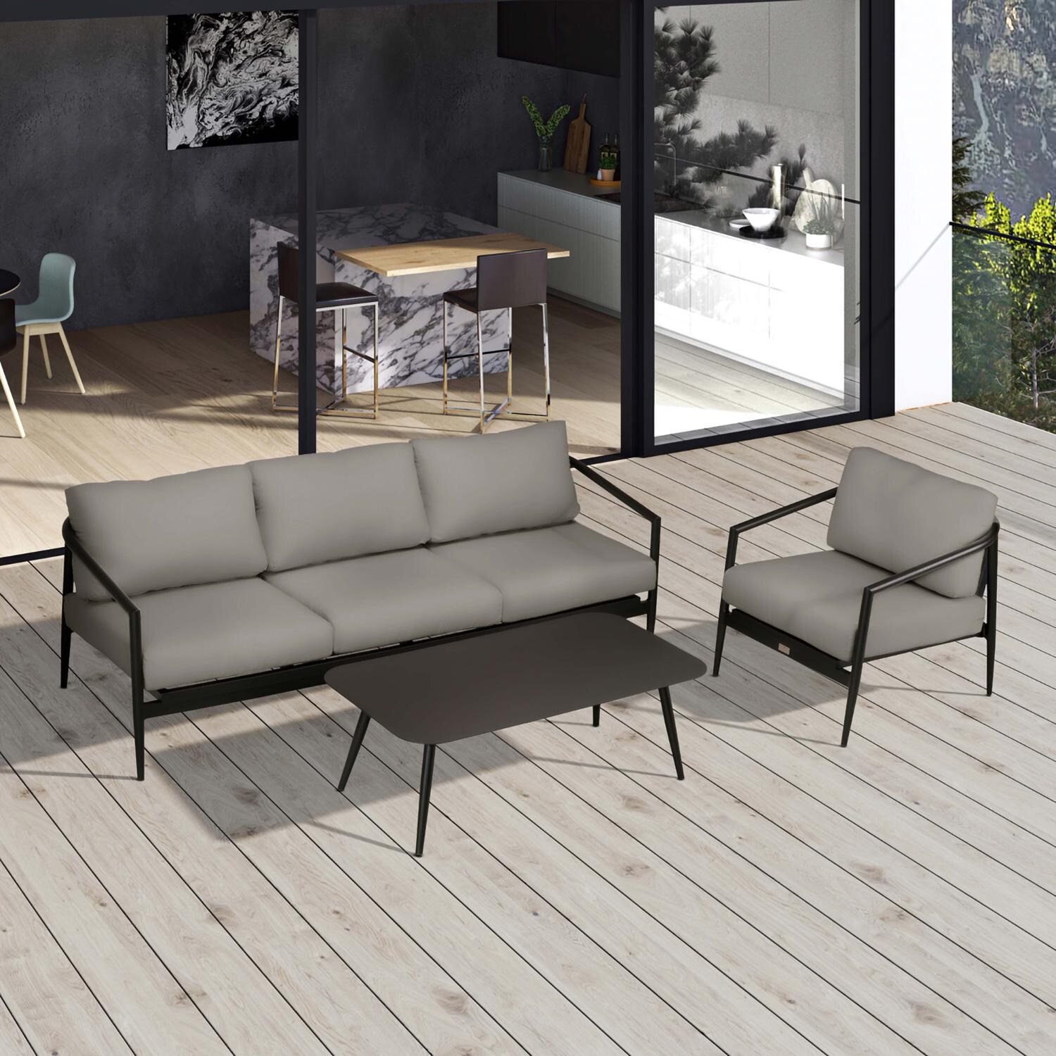 Lakeview Midnight Cove 3 Pc Aluminum Sofa Seating Set in Black/Carbon/Canvas Charcoal - Top - Lifestyle thumbnail