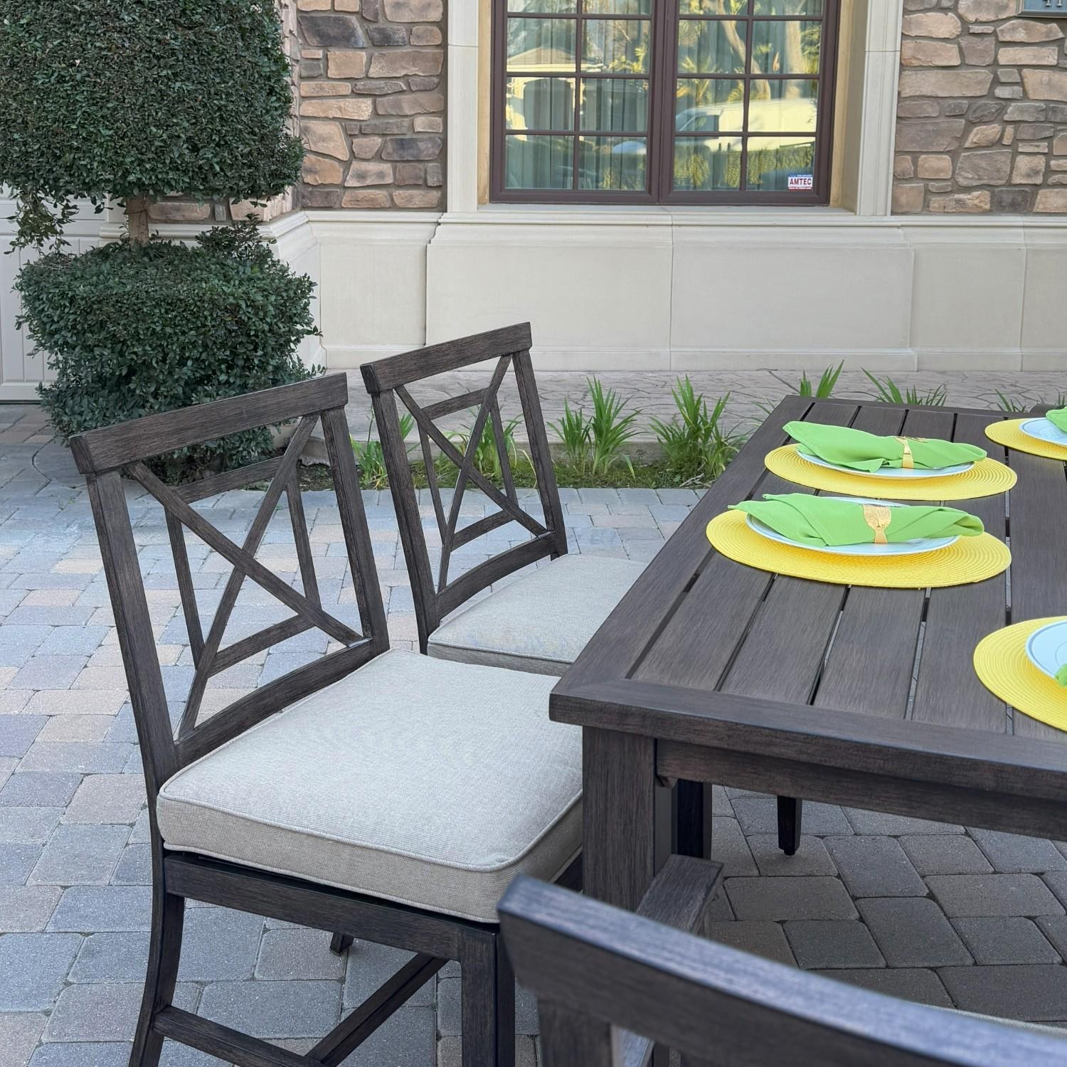 Atlantis 9 Pc Aluminum Dining Set w/ 4 Dining Side Chairs & 4 Swivel Rocker Dining Arm Chairs in Walnut/Beige by Darlee - Chairs At Table - Lifestyle thumbnail