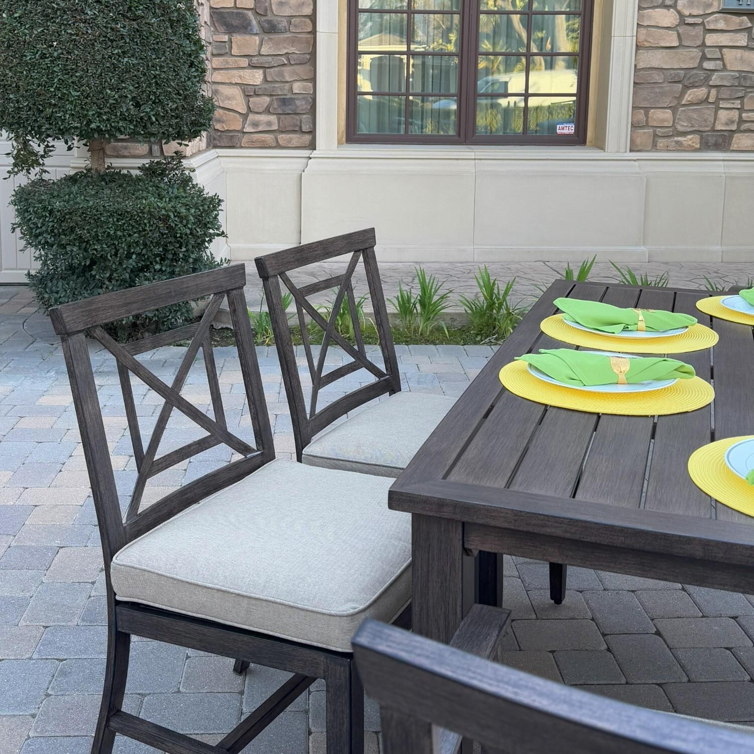 Atlantis 9 Pc Aluminum Dining Set w/ 4 Dining Side Chairs & 4 Swivel Rocker Dining Arm Chairs in Walnut/Beige by Darlee - Chairs At Table - Lifestyle thumbnail