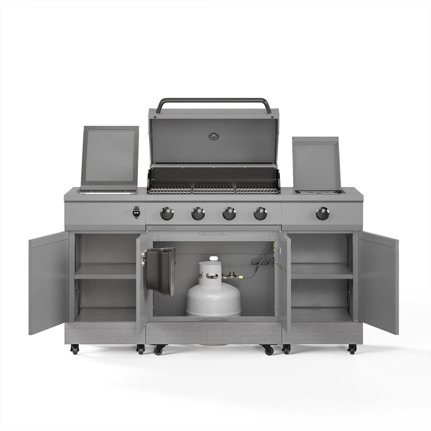 TYTUS Fresno Series 4-Burner Gunmetal + Carbon Wood Natural Gas BBQ Island (Ships Propane w/ Conversion Kit) - Open - White Background thumbnail