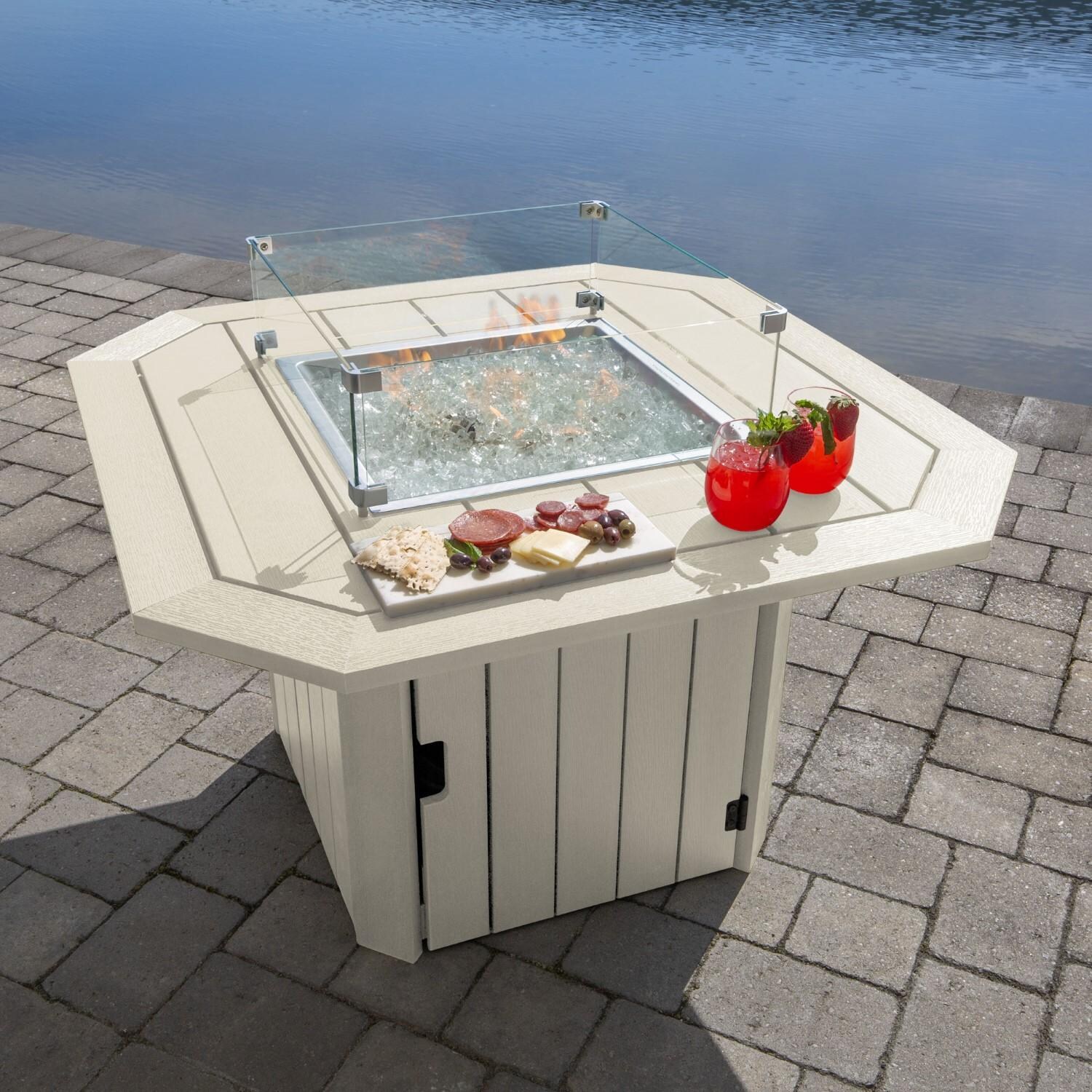 Harborview Octagonal Fire Pit Table in Whitewash by Lakeview Outdoor Designs - Top View - Lifestyle thumbnail