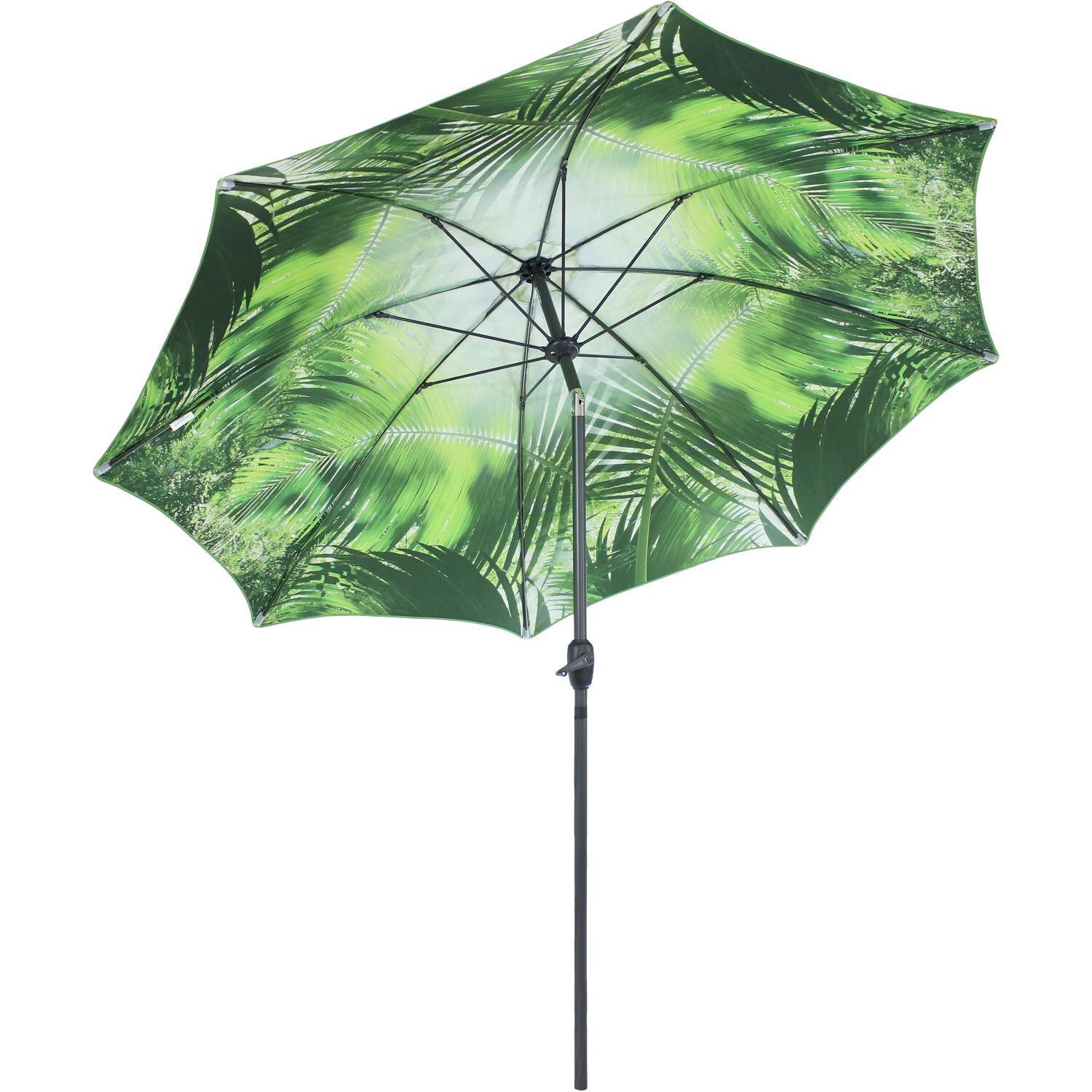 Ultimate Patio 9 Ft. Octagonal Aluminum Patio Market Umbrella W/ Crank & Tilt - Black Frame & Green Tropical Leaf Design Polyester Canopy image
