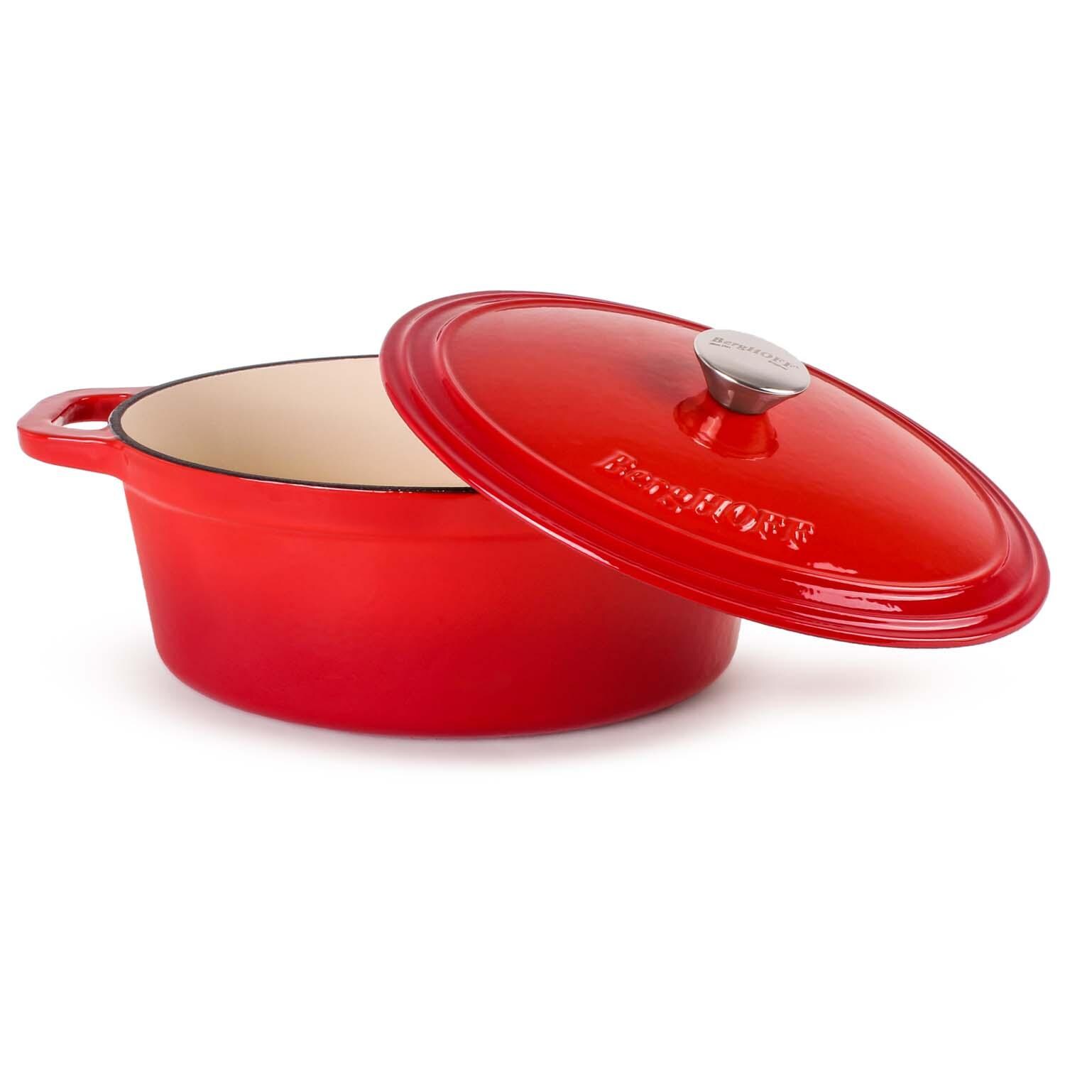 BergHOFF 11 1/2-in Neo Cast Iron 5 Qt. Oval Dutch Oven w/ Lid - Red - Lid Propped - White Background thumbnail