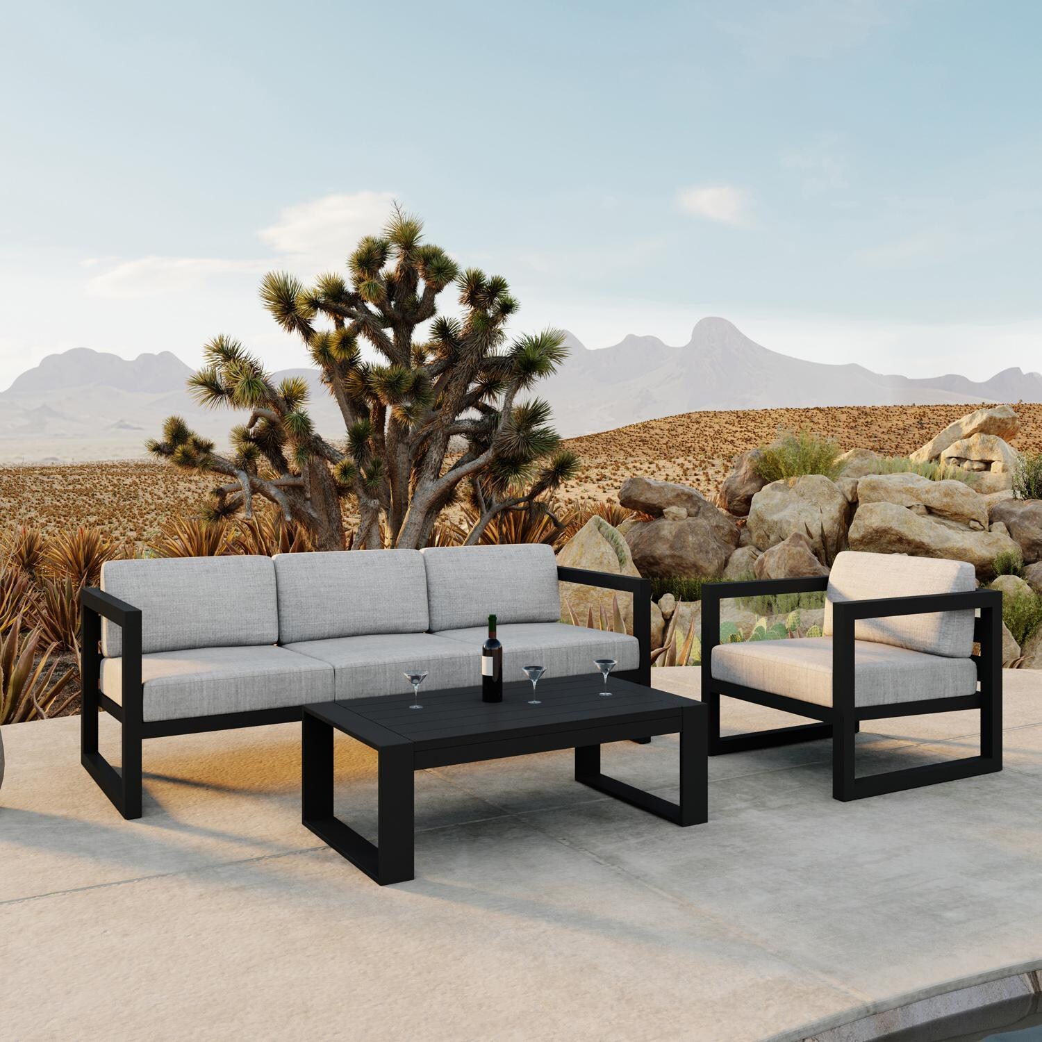 Lakeview MSTYCV-BK-3SS-CS Misty Cove 3 Pc Aluminum Seating Set in Black w/Portal Coffee Table & Cast Silver Cushions by Lakeview Outdoor Designs - By the Pool - Lifestyle thumbnail