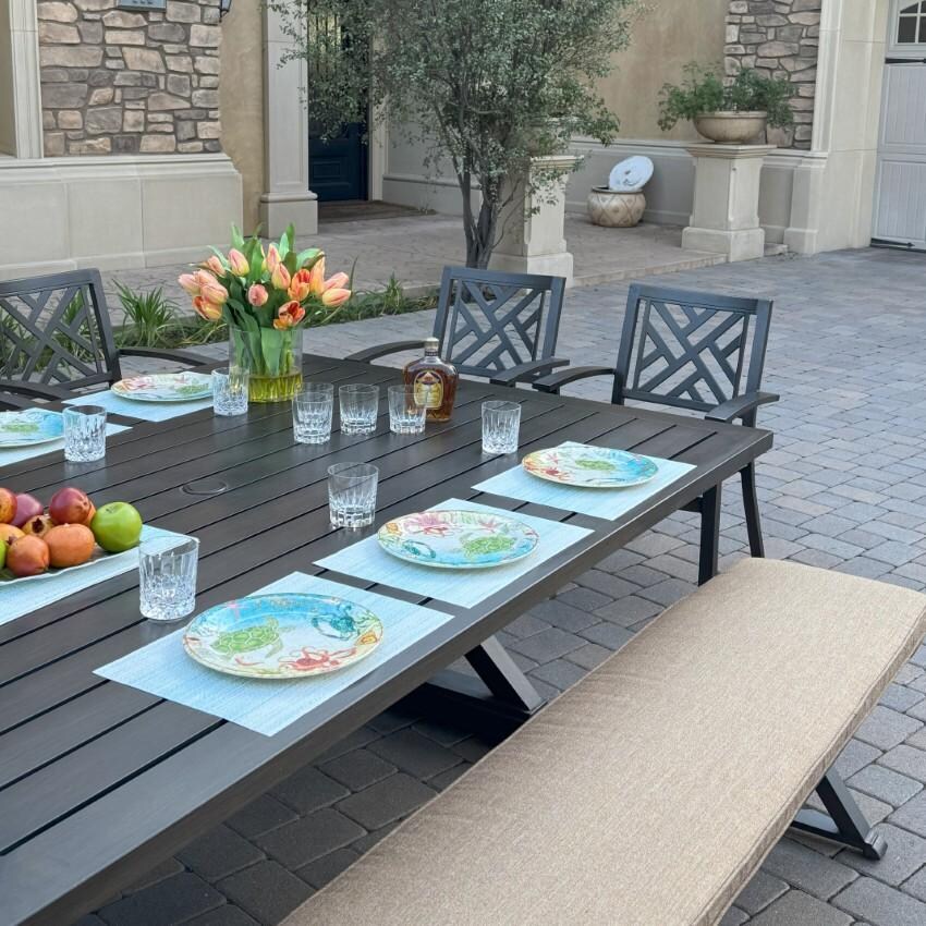 Darlee Brooklyn 9-Piece Patio Dining Set (with 7 Dining Chairs and 1 Bench) with Cushions and 59 X 88 Inch Rectangular Dining Table - Table in Use w/ Bench - Lifestyle thumbnail