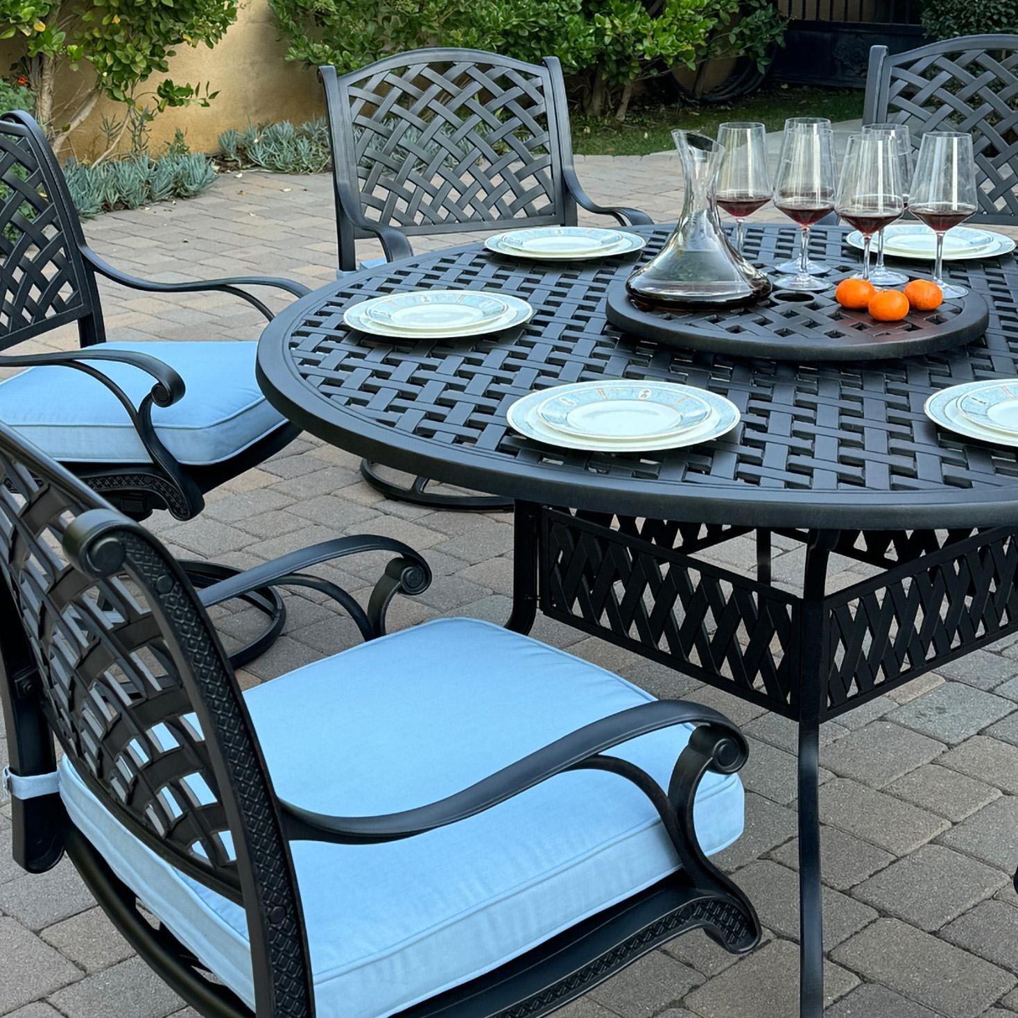 Darlee B/DL13-8PCAR-30D3921-B Nassau 8 Pc Cast Aluminum Dining Set in Antique Bronze w/ Blue Cushions - Set Up Close - Lifestyle thumbnail
