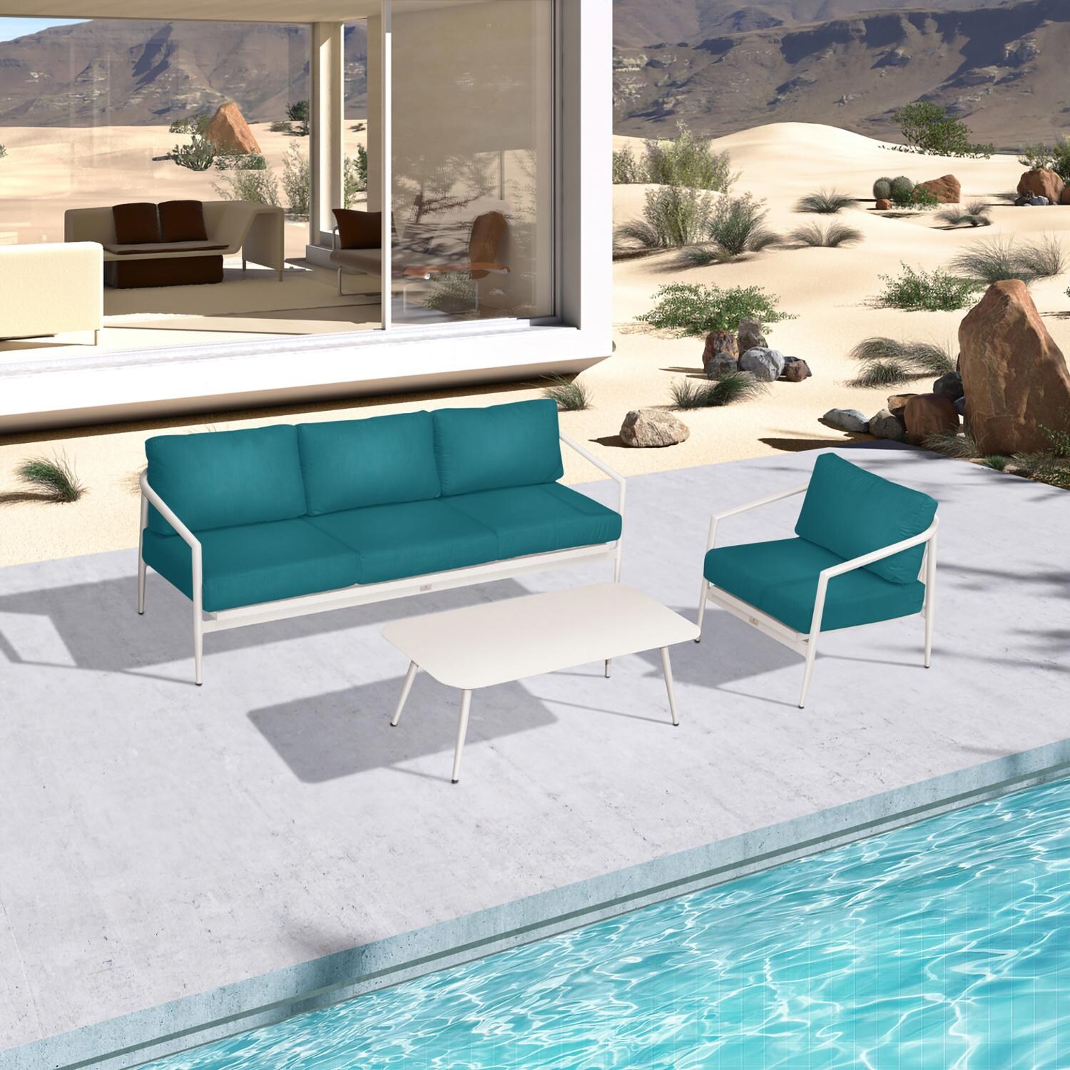 Lakeview Midnight Cove 3 Pc Aluminum Sofa Seating Set in Urban Stone/Carrera/Spectrum Peacock - Top - Lifestyle thumbnail