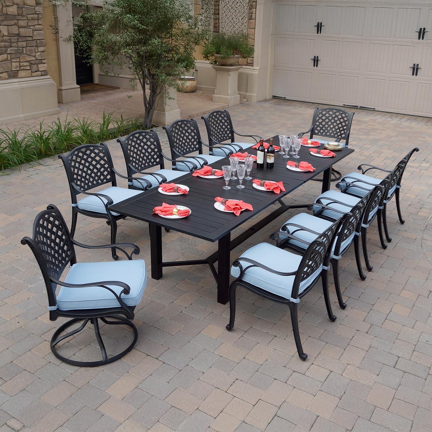 Nassau 11 Pc Cast Aluminum Dining Set w/ Rocker in Antique Bronze w/ Blue Cushions By Darlee
