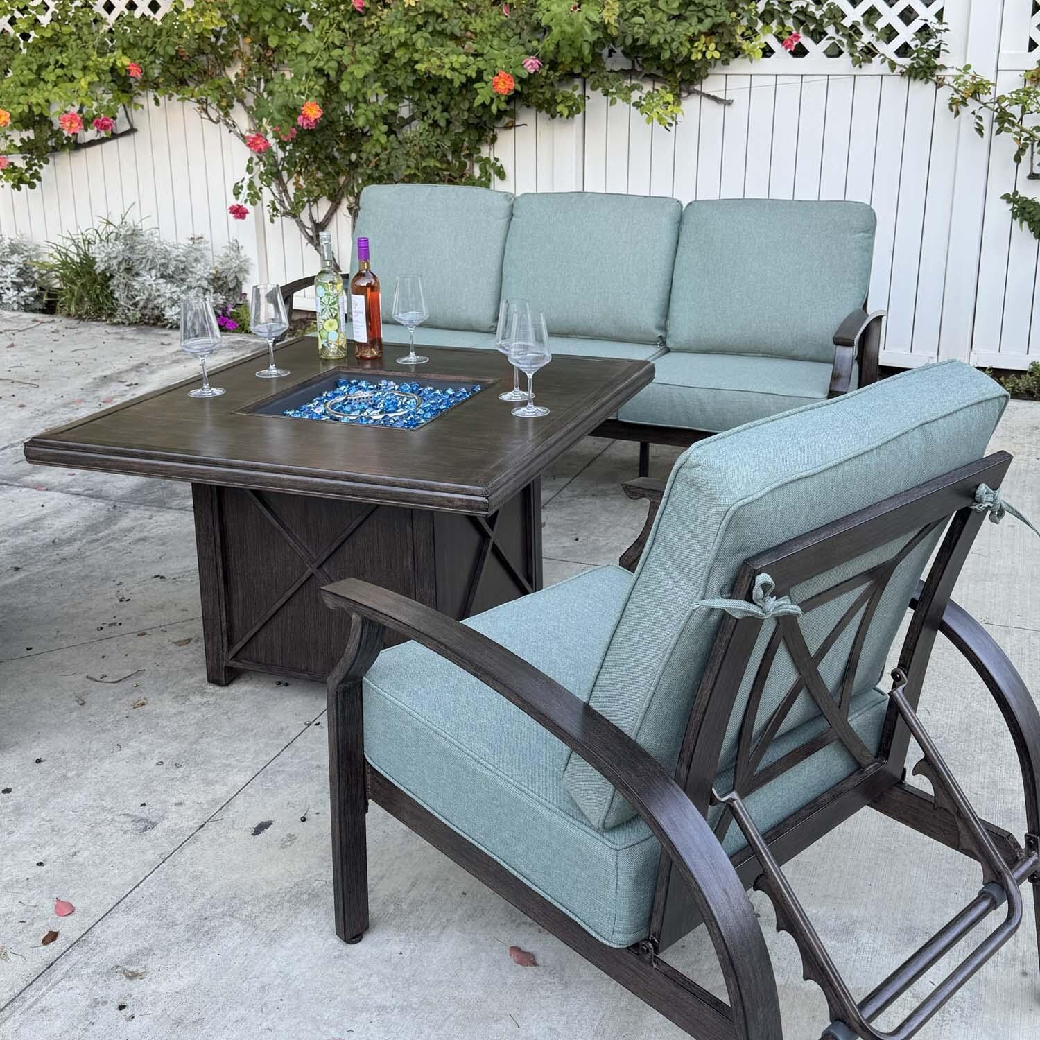 Atlantis 4 Pc Aluminum Seating Set w/ Square Fire Pit Chat Table in Walnut/Spa by Darlee - Close Up - Lifestyle thumbnail