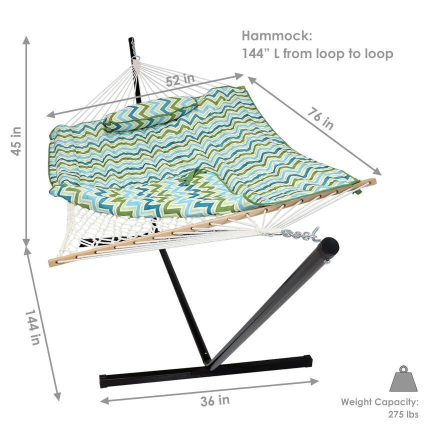 Ultimate Patio Rope Hammock w/ 12-Foot Stand, Pad, & Pillow - Blue & Green Chevron - Dimensions - Dimensional thumbnail