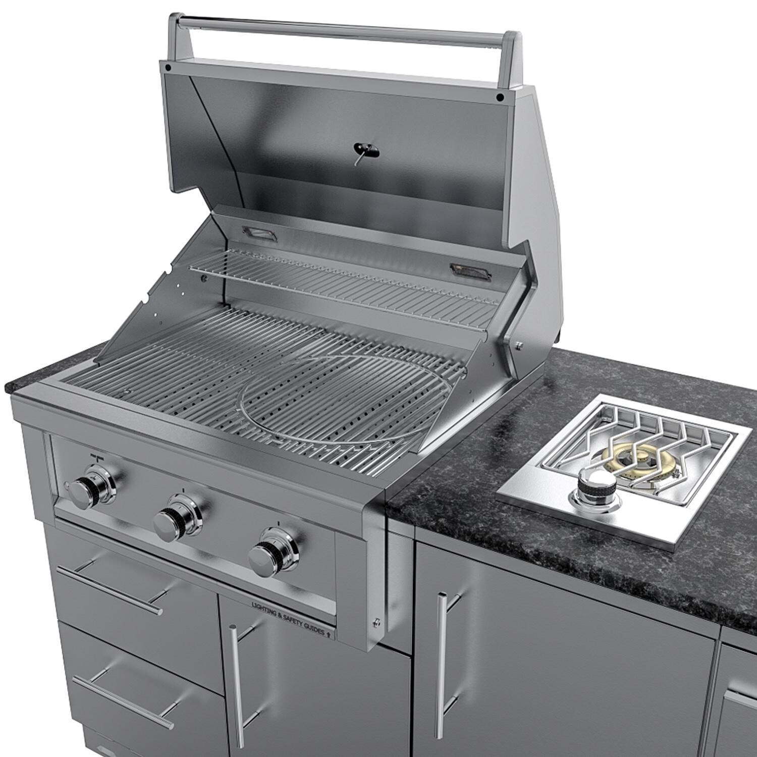 Sunstone Grills SCPBRAZOS9-LP Brazos 9 Ft Outdoor Kitchen Island w/ Propane Grill & Side Burner, Sink, Door & Drawer - Grill Open 2 - Detail thumbnail