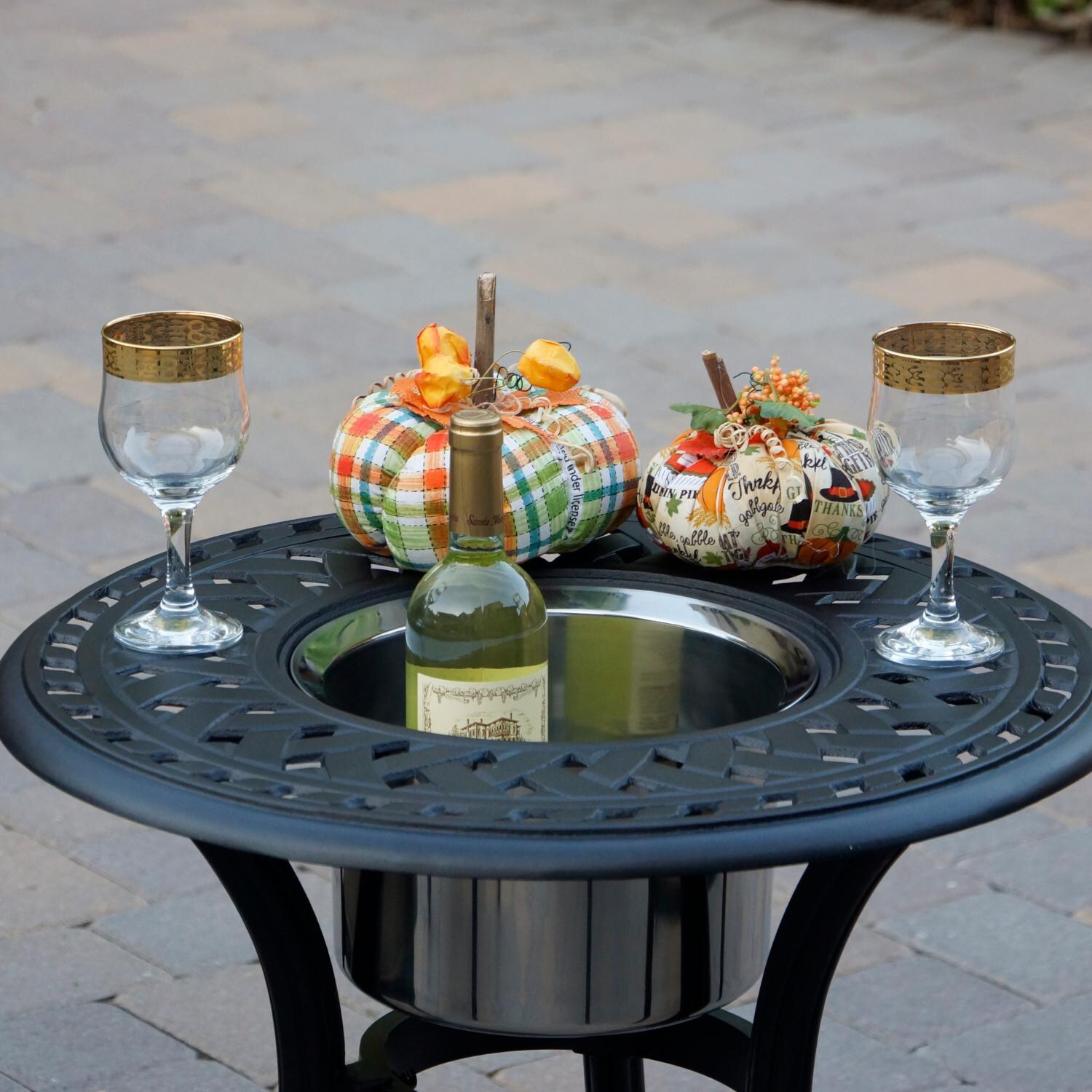 Darlee DL2058-5PC-60RQP Santa Monica 5 Piece Cast Aluminum Patio Conversation Set W/ End Table Ice Bucket Insert & Sesame Cushions - End Table W/ Ice Bucket Insert thumbnail