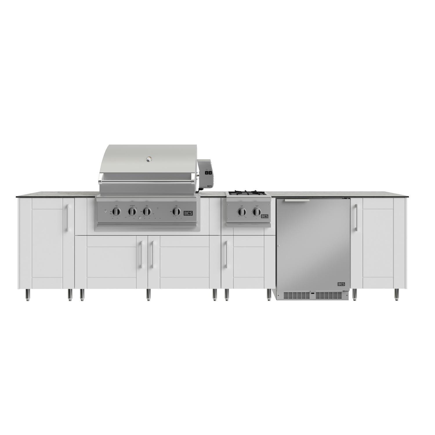 WeatherStrong Nassau 10 1/2 Ft Outdoor Kitchen Island w/ DCS Natural Gas Grill, Side Burner & Refrigerator in Shell White/Glacier Frost