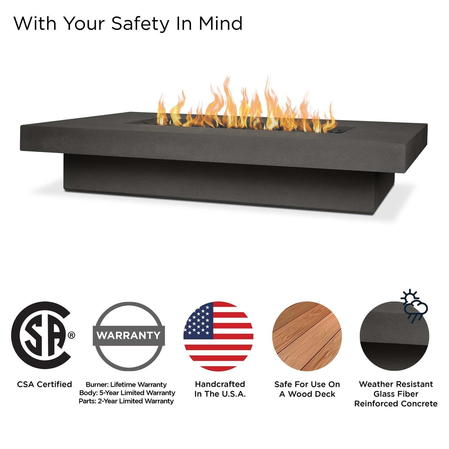 Hickory Bay 72 Inch Rectangular Glass Fiber Reinforced Concrete Propane Fire Pit Table in Carbon by BBQGuys Signature - Safety thumbnail