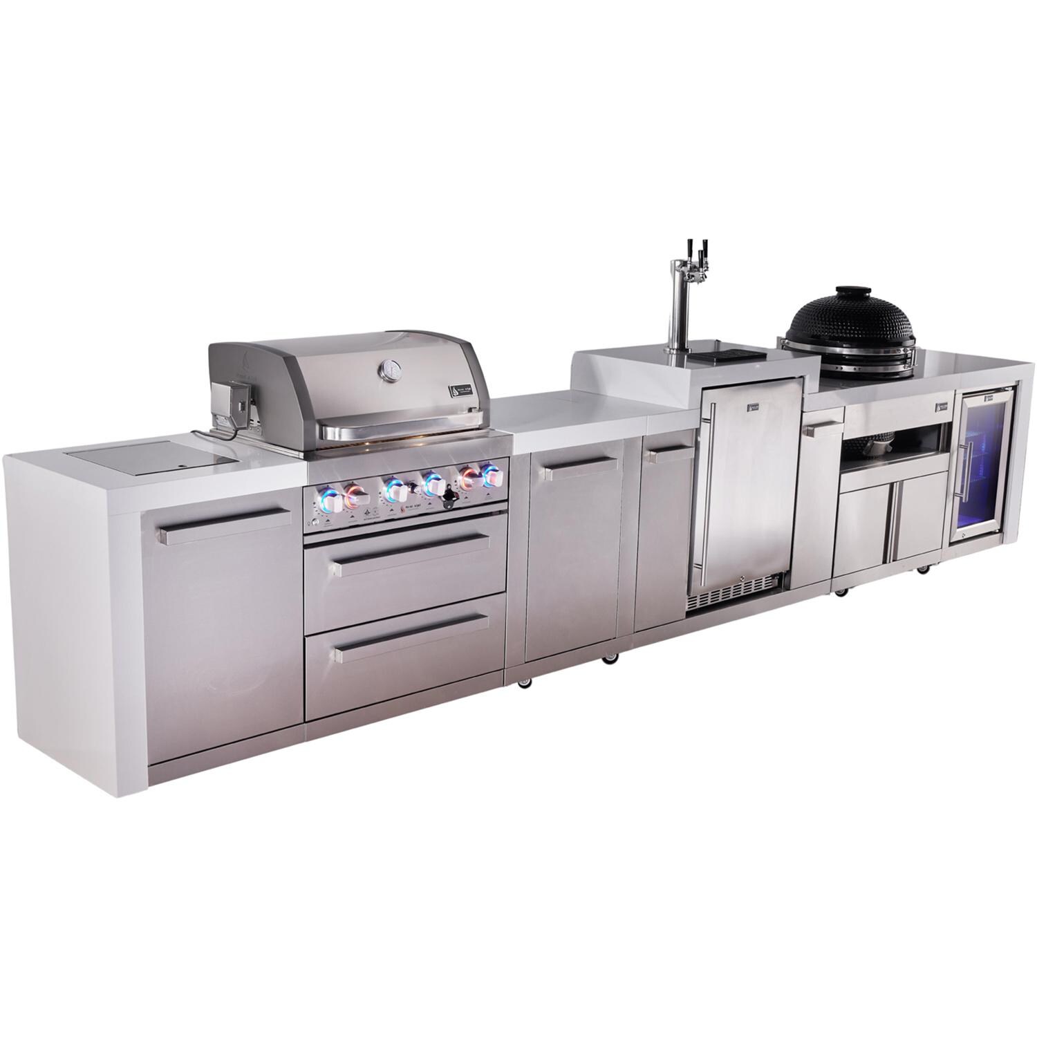 Mont Alpi Deluxe Series 15 1/2 Ft Propane Outdoor Kitchen Island w/ 32-in Grill, Side Burner, Kegerator, Fridge, Kamado Module & Extra Door - MAi400-DKEGFCKAMXL - Angled Left - White Background thumbnail