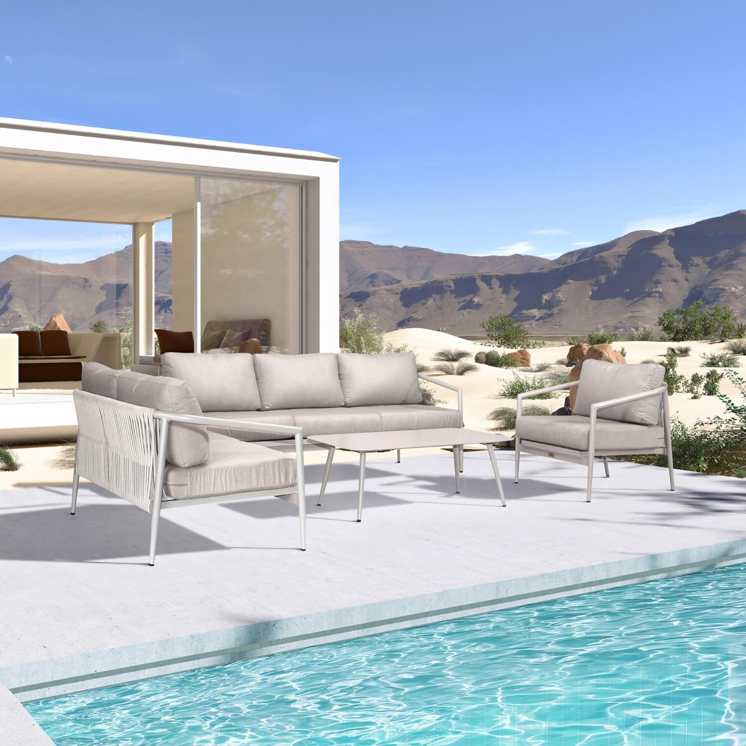 Lakeview Midnight Cove 4 Pc Aluminum Sofa Loveseat Seating Set in Urban Stone/Carrera/Cast Silver - Angled - Lifestyle thumbnail