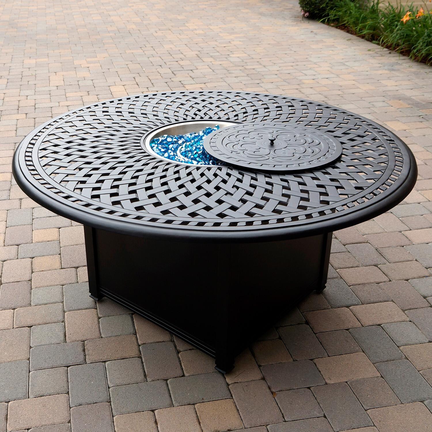Signature 60 Inch Round Cast Aluminum Propane Fire Pit Dining Table in Antique Bronze by Darlee