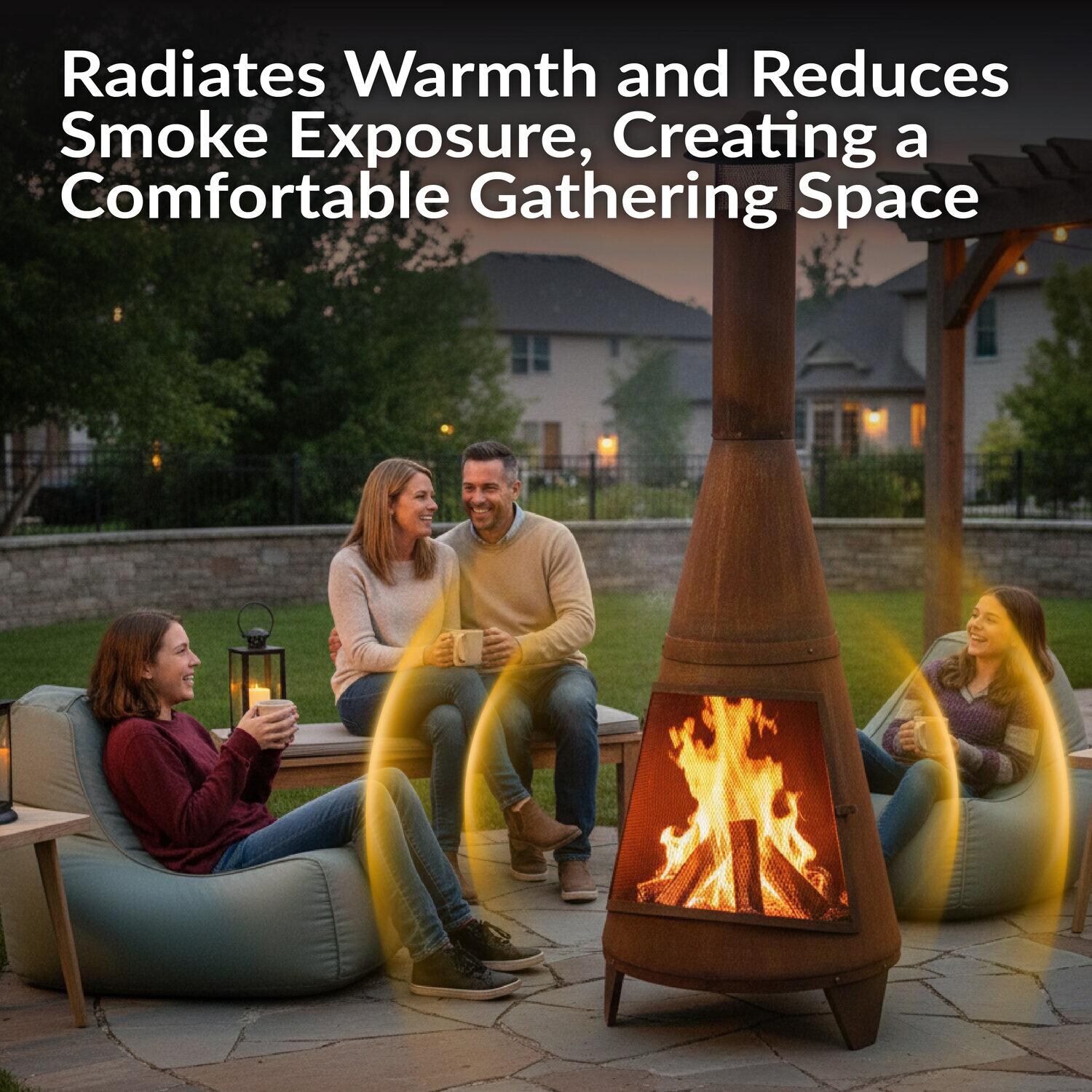 Ultimate Patio 70-Inch Rustic Steel Wood Burning Chiminea - Rust - Evening Gathering - Lifestyle thumbnail