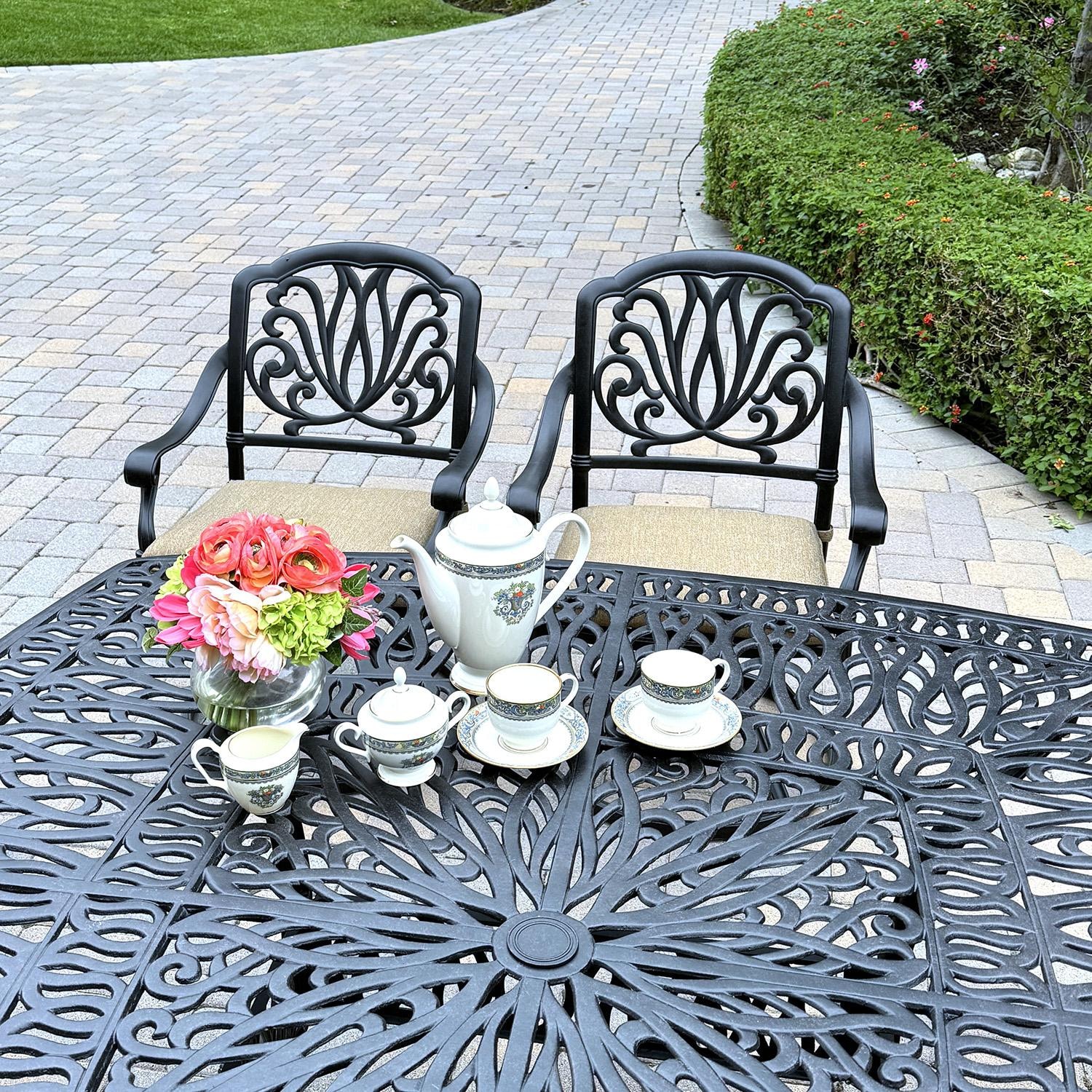 Darlee Elisabeth 9-Pc Dining Set w/ 64-Inch Table & Swivel Rockers in Antique Bronze/Beige - Table Angled - Lifestyle thumbnail