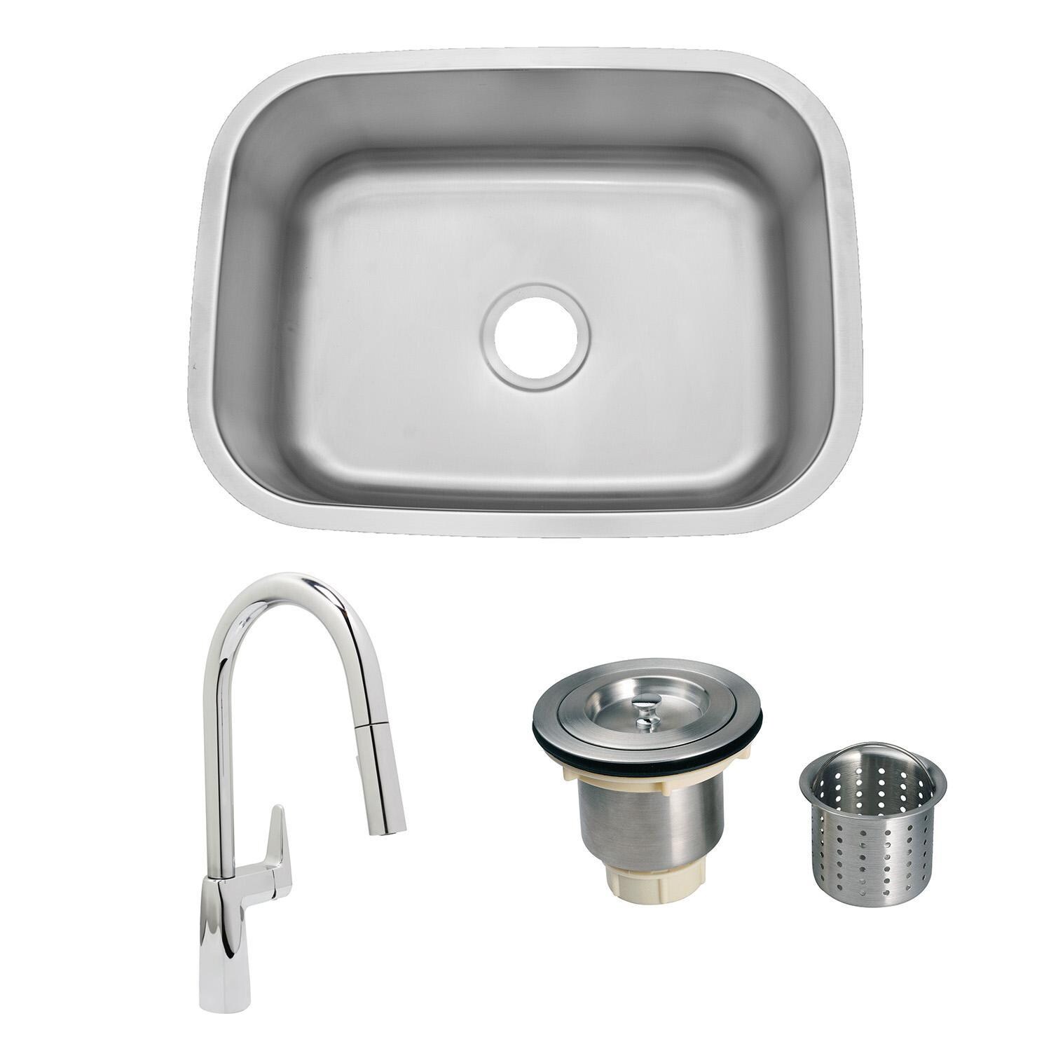 Huntington Brass FA-268 + HBK1983201-YU + LI-XD Futura 24 X 18 Stainless Steel Outdoor Sink with Huntington Brass Dual Spray 15.75 Inch High Pull Down Faucet and Strainer Basket - Bundle - White Background thumbnail