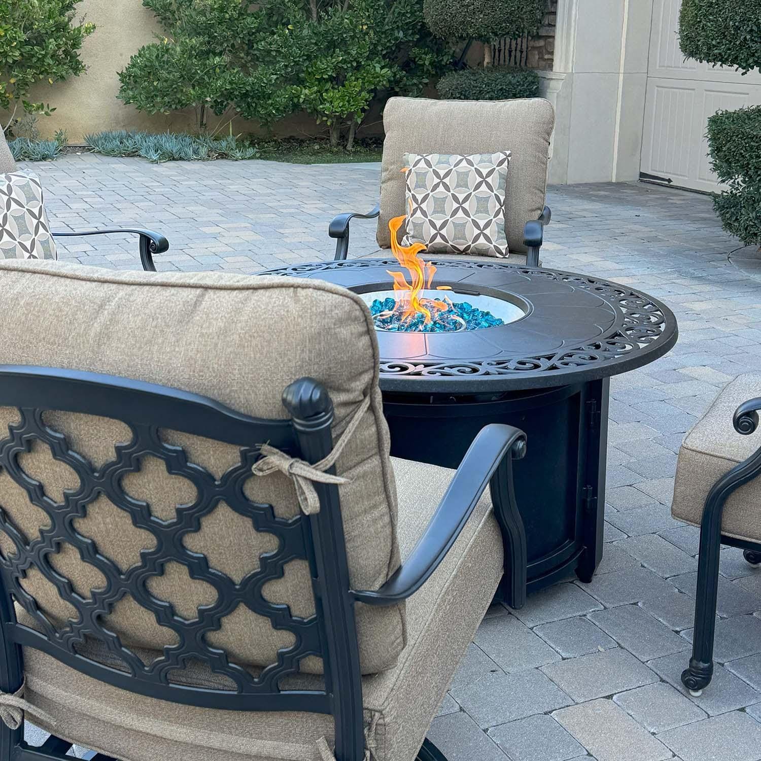 Madison 5 Pc Cast Aluminum Fire Pit Seating Set w/ Swivel Rockers in Antique Bronze/Sesame by Darlee - Close Up - Detail thumbnail