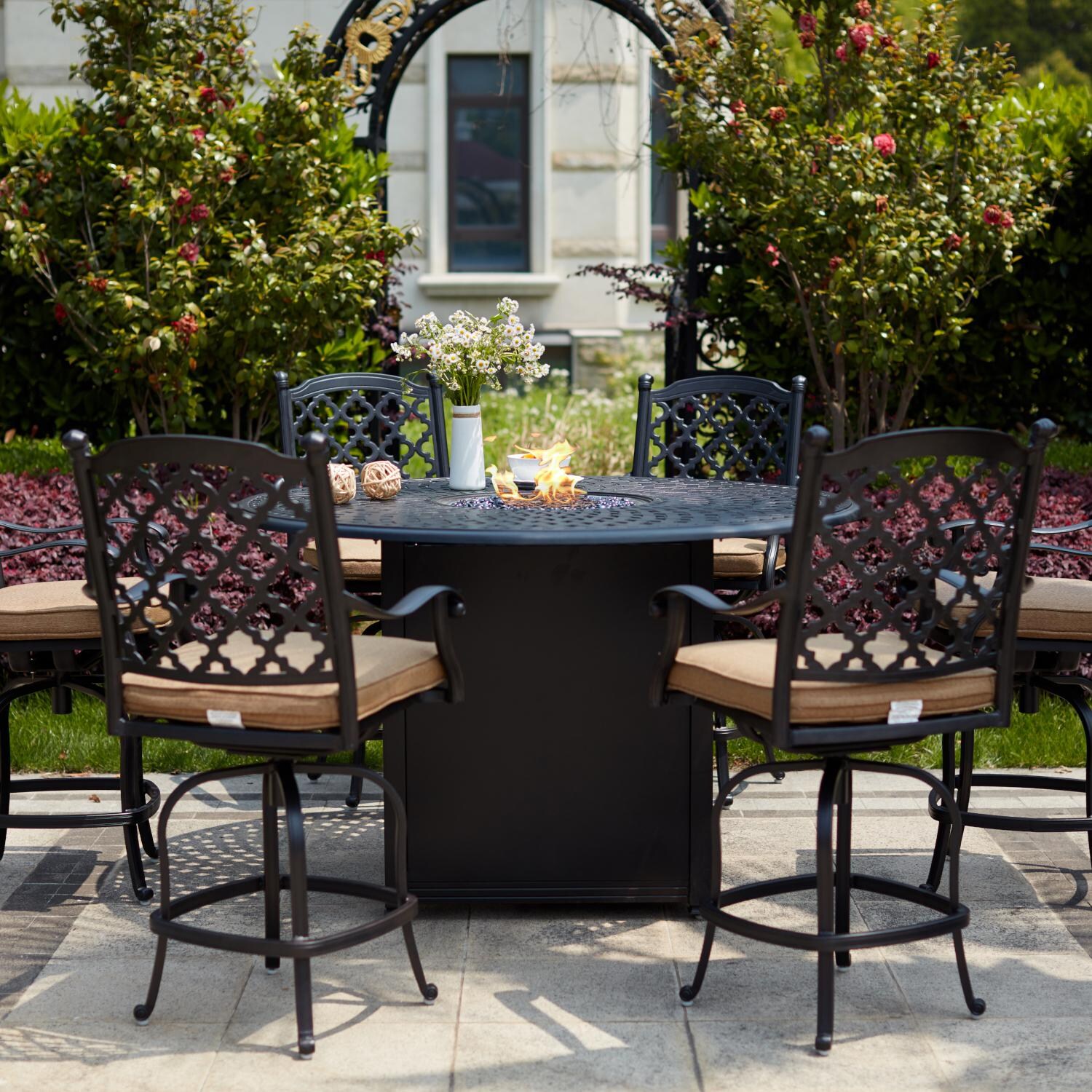 Madison 7 Piece Cast Aluminum Patio Counter Height Fire ...