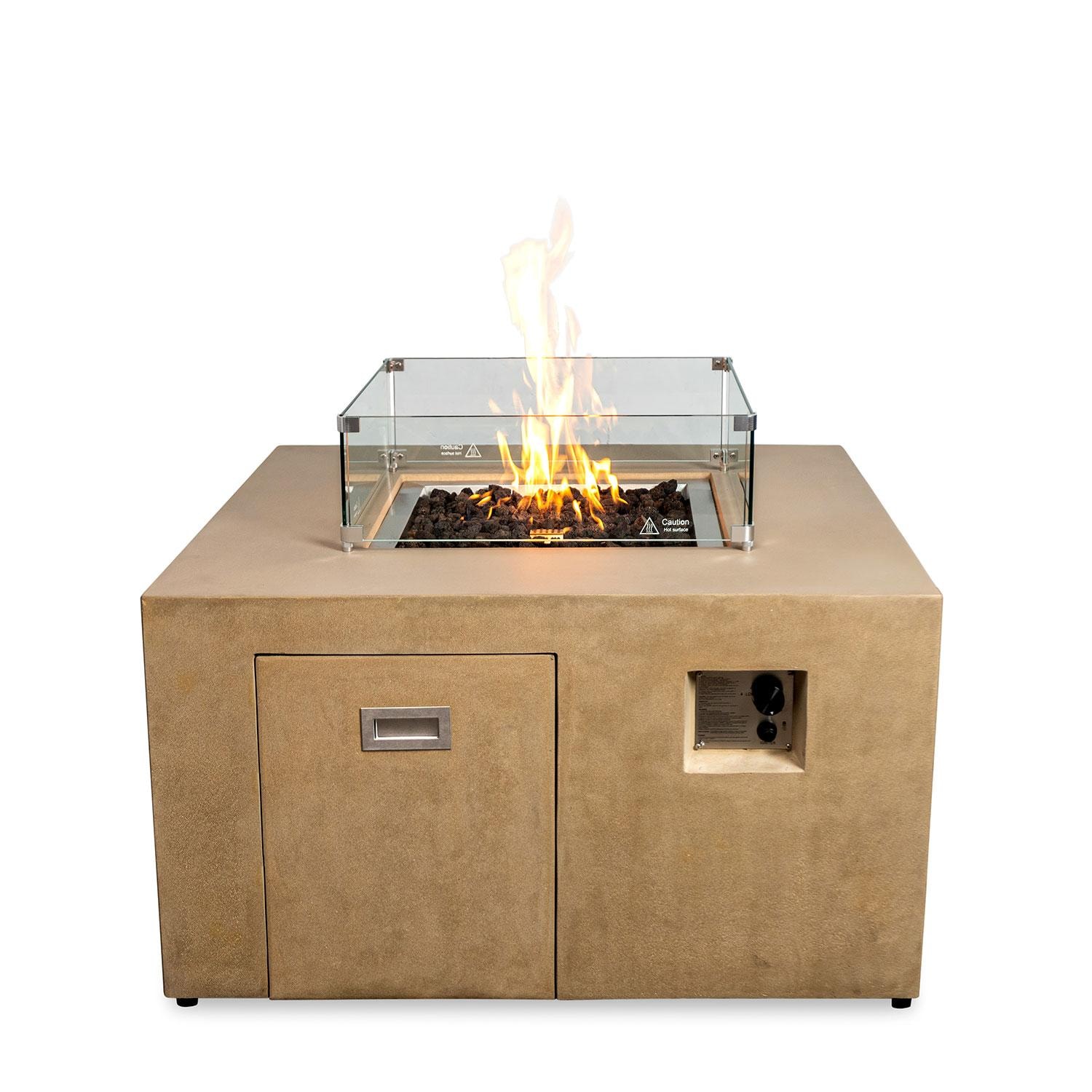 Glenwood 42-in Square Concrete Propane Fire Pit w/ Hidden Propane Tank in Sand by Lakeview Outdoor Designs - Glass Wind Guard - On - White Background thumbnail