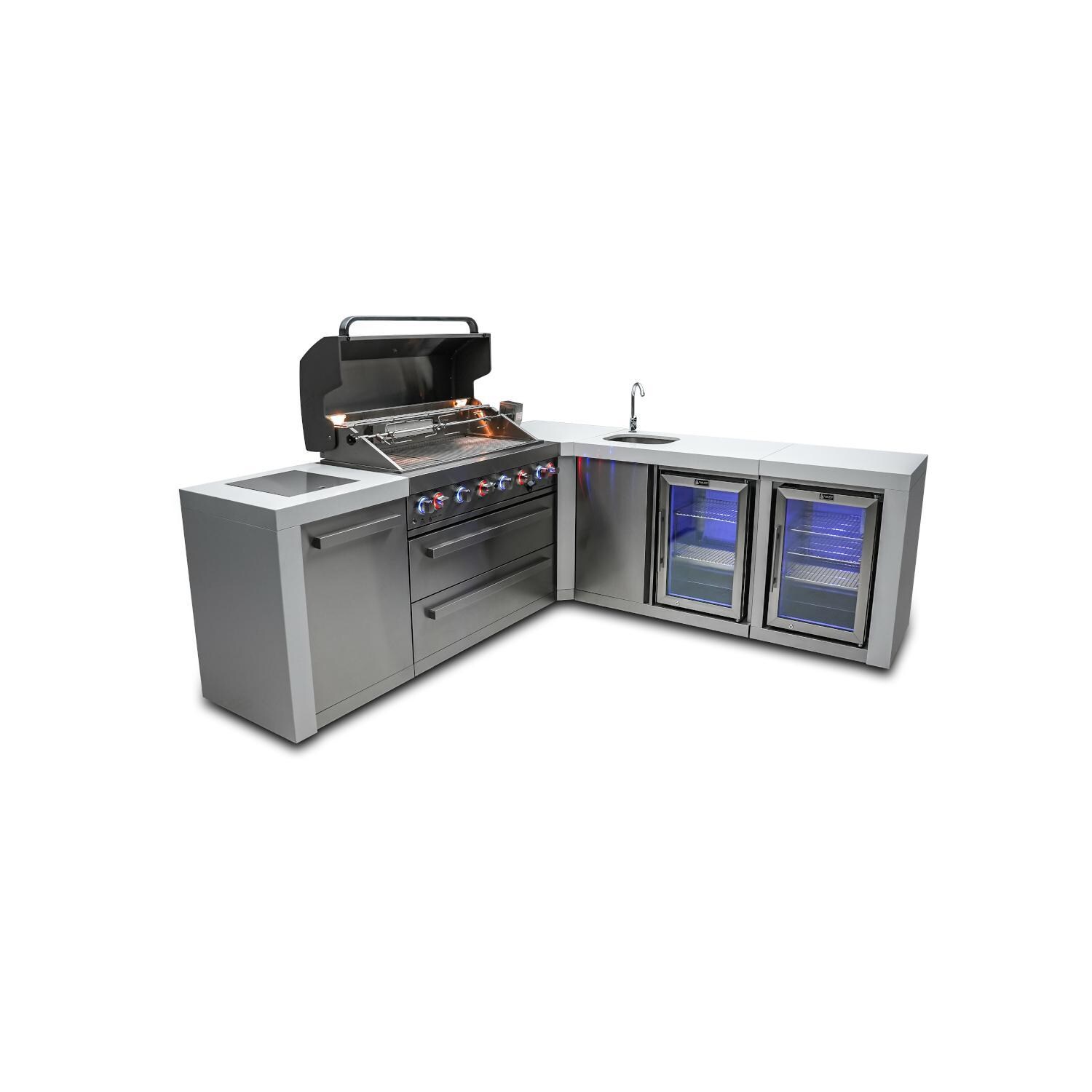 Mont Alpi MAi805-D90BEVFC 805 Deluxe Propane Island W/ 90 Degree Corner, Beverage Center & Fridge Cabinet - Hood Open - White Background thumbnail