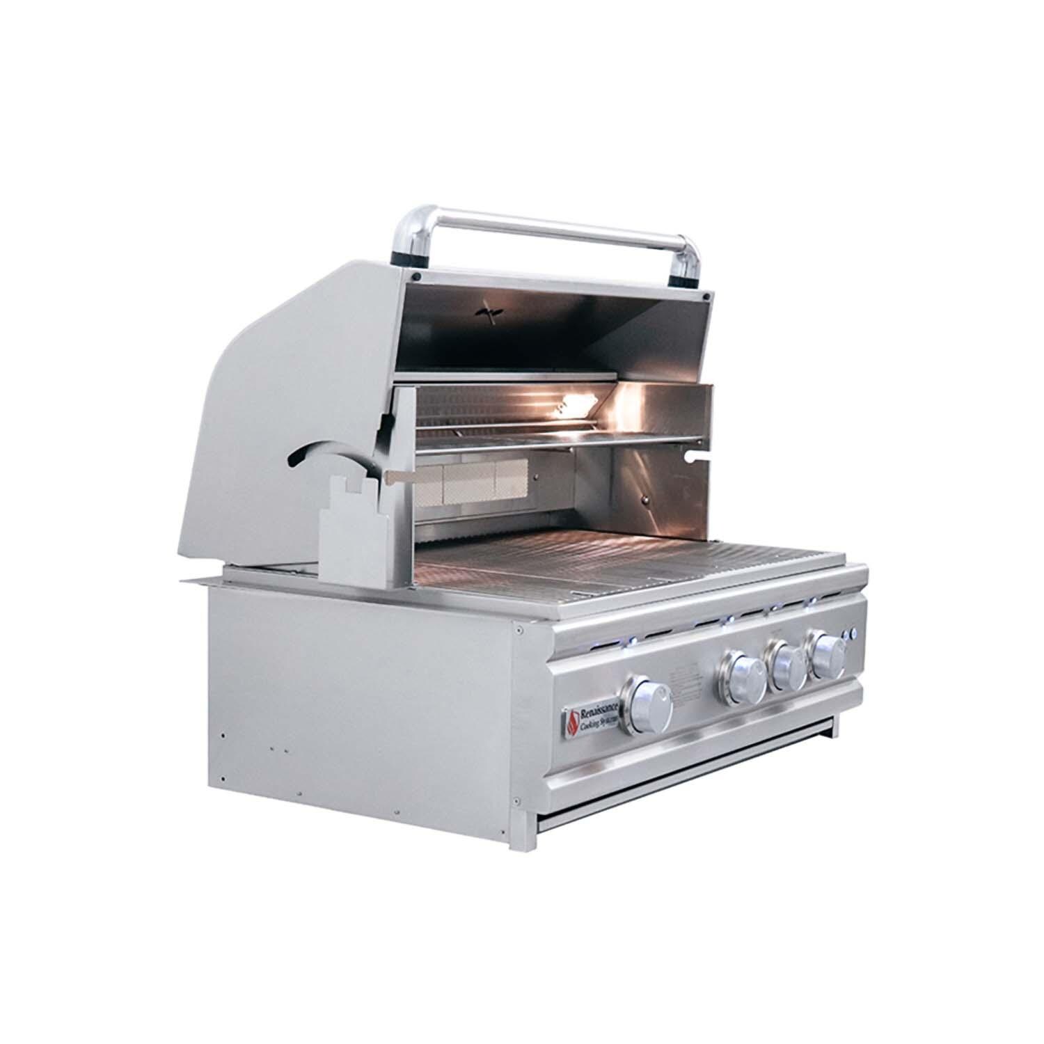 RCS RON30BLP Cutlass Pro 30 Inch Built-In Propane Grill - Hood Open Left Angled View - White Background thumbnail