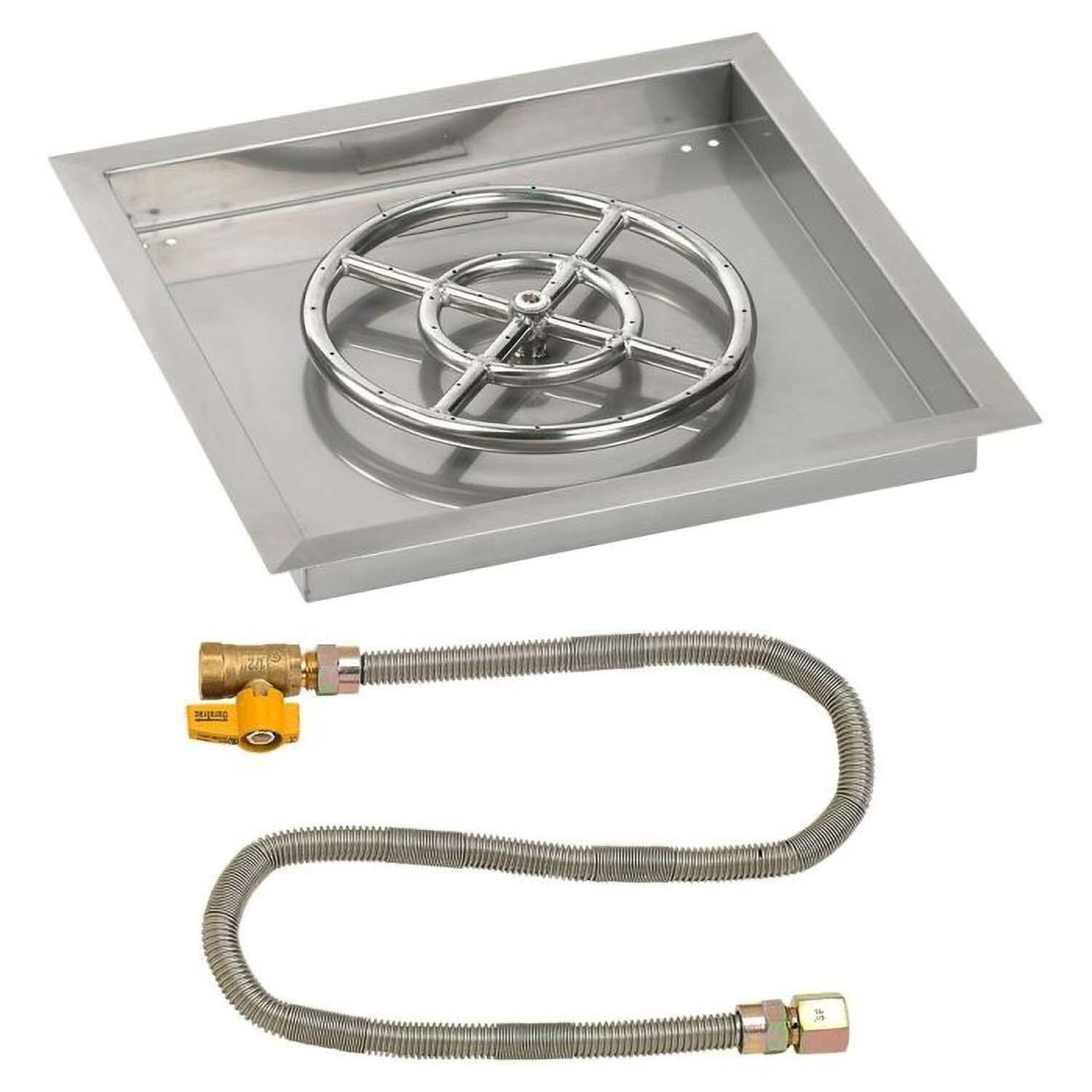 BBQGuys Signature 18 Inch Stainless Steel Square Drop-In Fire Pit Pan W/Match Light Kit - 12 Inch Ring - Natural Gas