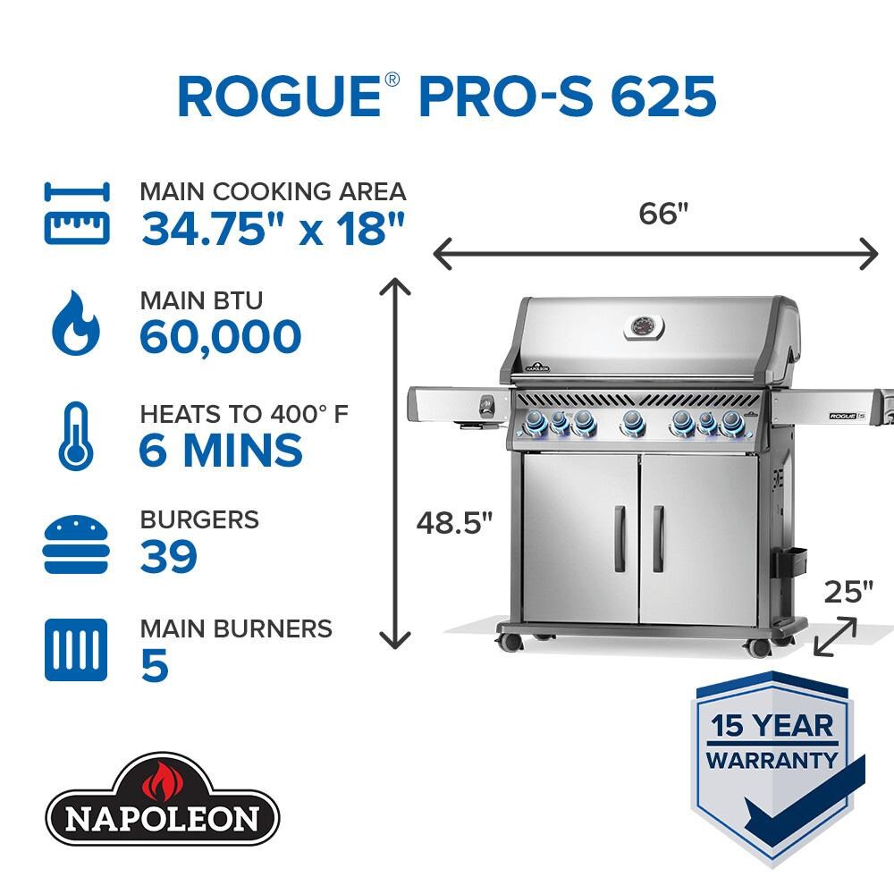 Napoleon RPS625RSIBPSS-2 Rogue PRO-S 625 5-Burner Propane Grill w/ Infrared Side & Rear Burner - Stainless Steel - RPS625RSIBPSS-2 - Dimensions - Dimensional