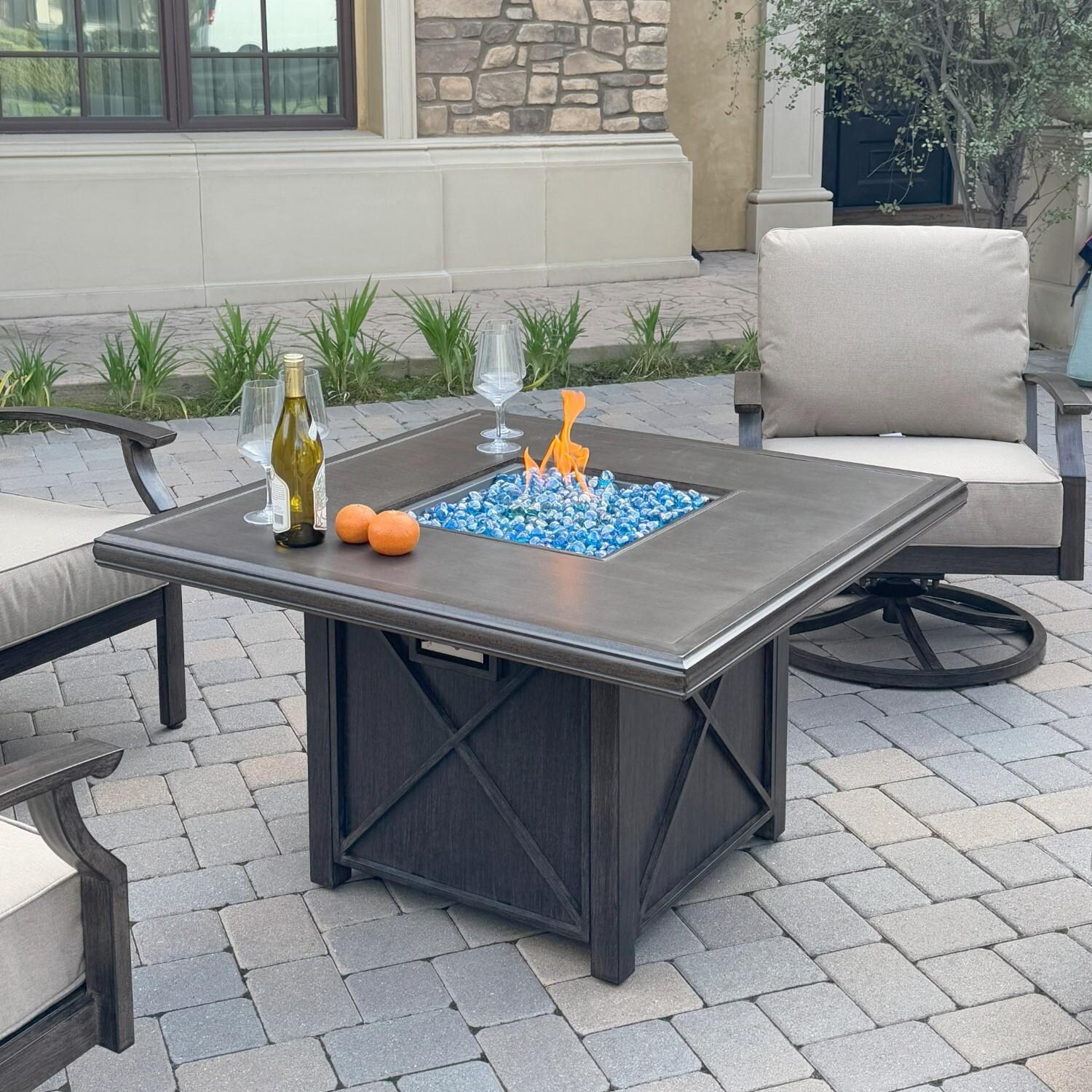 Atlantis 5 Pc Aluminum Fire Pit Seating Set w/ 2 Club Chairs & 2 Swivel Rocker Club Chairs in Walnut/Beige by Darlee - Fire Pit Table Close-up - Lifestyle thumbnail