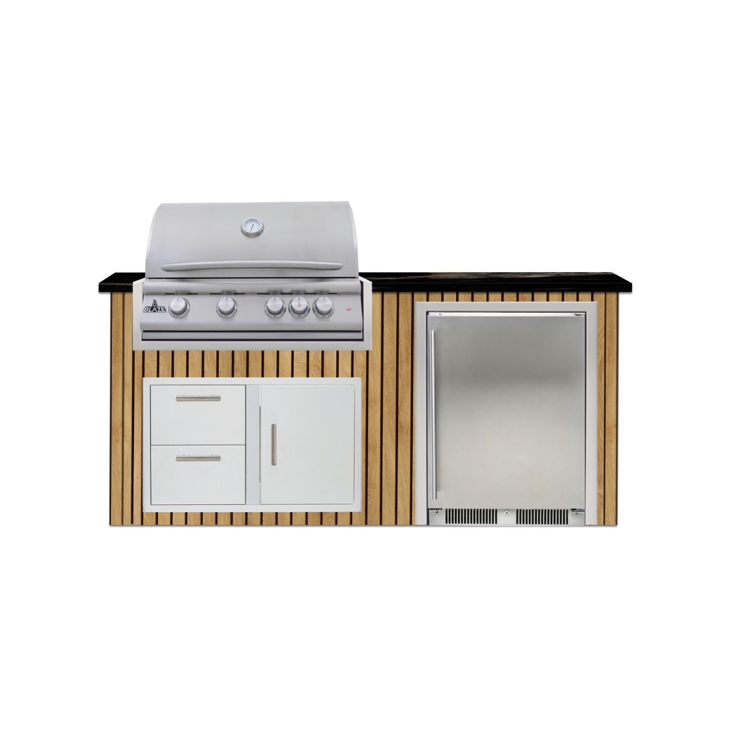 BBQGuys Signature 6 Ft Outdoor Kitchen Island w/ 32-in Blaze LTE+ Natural Gas Grill & 24-in Refrigerator | Sun Bleached Oak w/ Nero Mist Granite