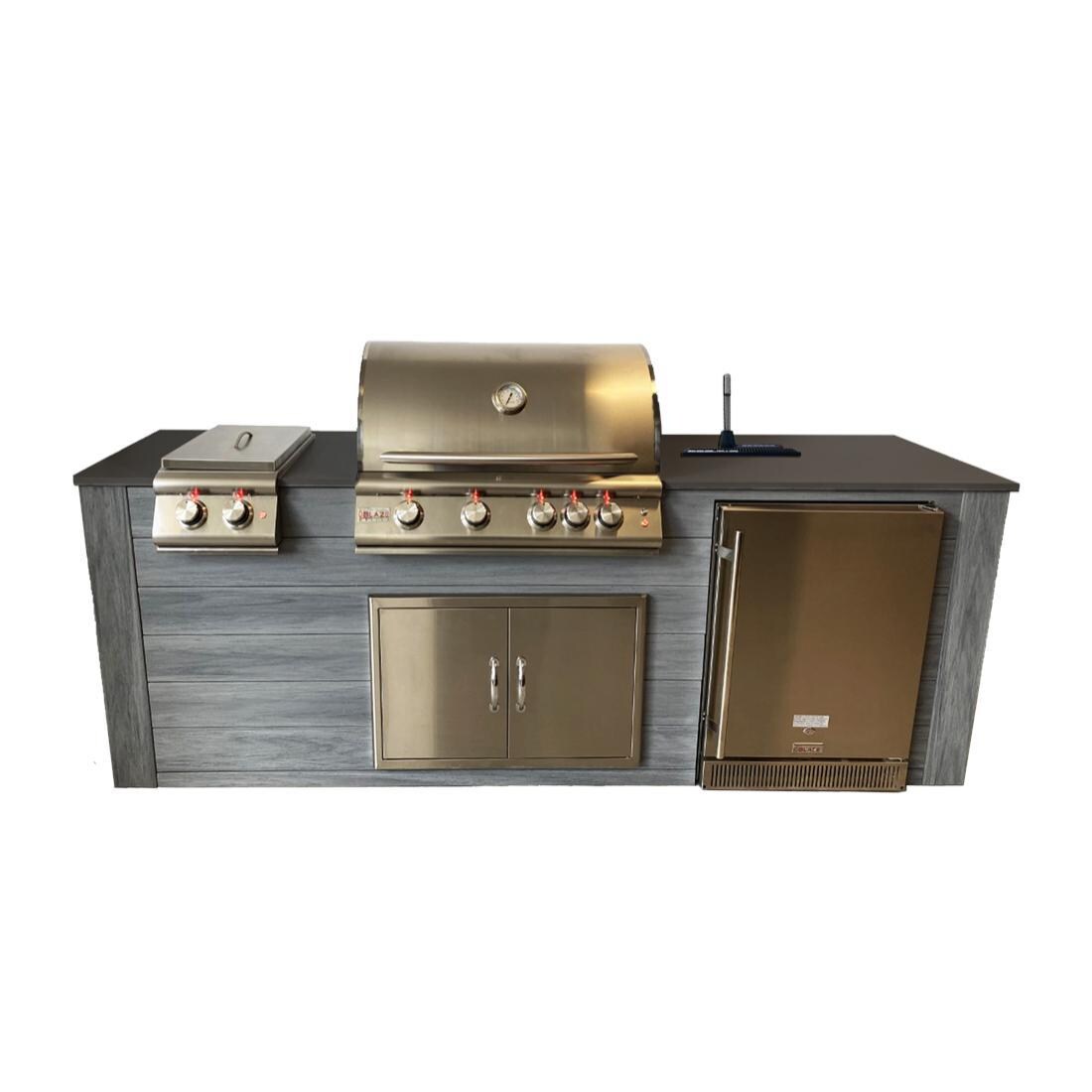Pro-Fit 8-Foot Outdoor Kitchen Island W/ Blaze Premium LTE 32-Inch Natural Gas Grill, Double Side Burner, Refrigerator & Beverage Dispenser - Driftwood Grey / Grigio Piombo Satin image