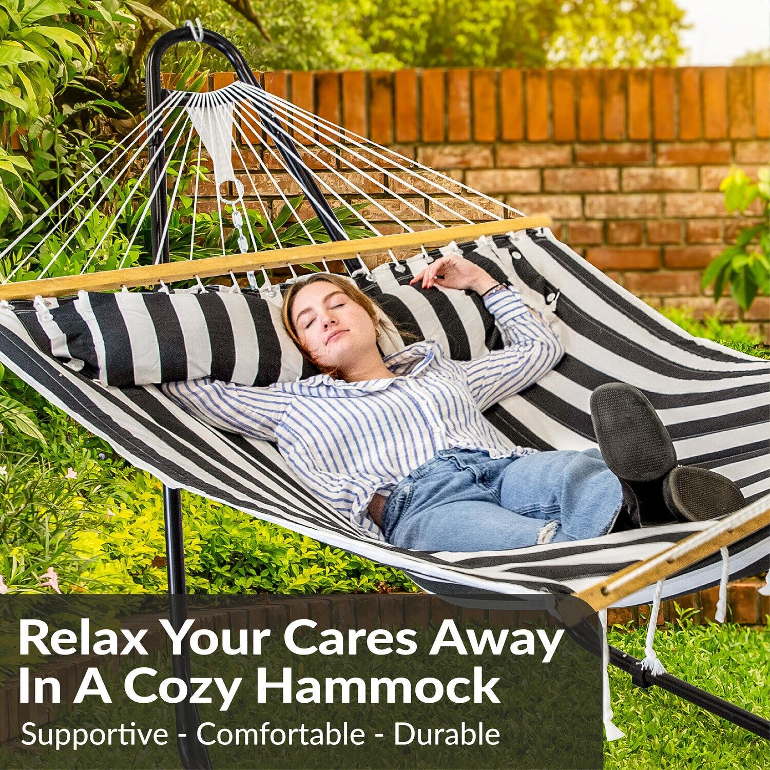 Ultimate Patio Quilted Double Hammock w/ Pillow - Black and White Stripe - Poolside Relaxation - Lifestyle thumbnail