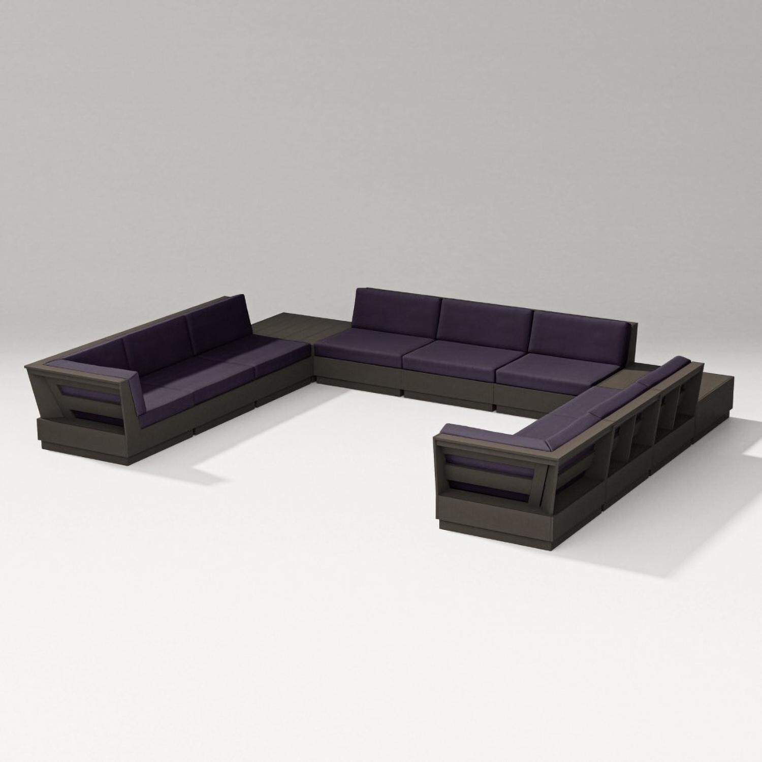 Elevate 11 Pc U-shaped Recycled Plastic Sectional Seating Set in Vintage Coffee/Navy Linen By PW Designer Series